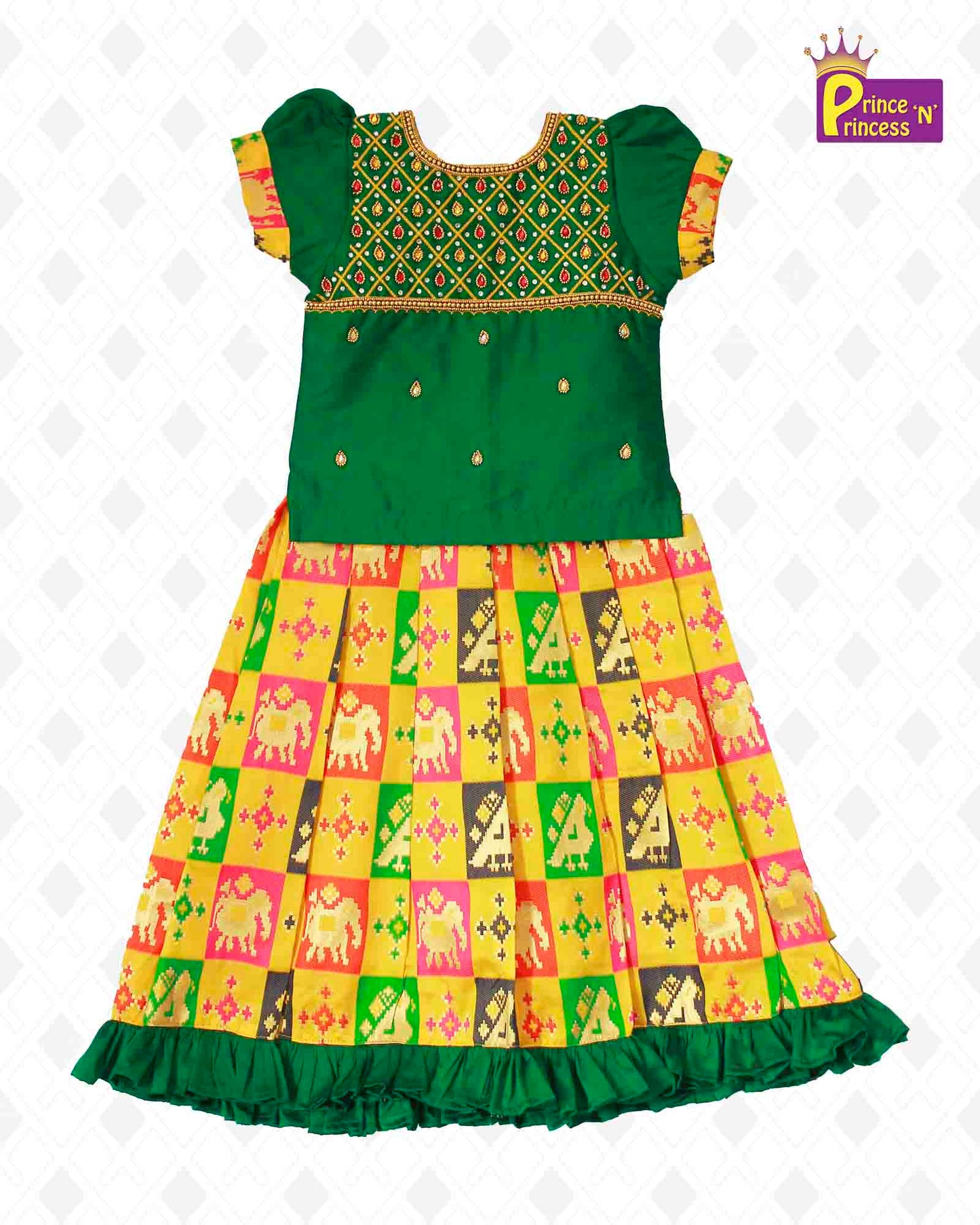 Kids Green With Yellow  Multi Colour Heavy AARI Work Traditional Pattu Pavadai PPP931 Prince N Princess