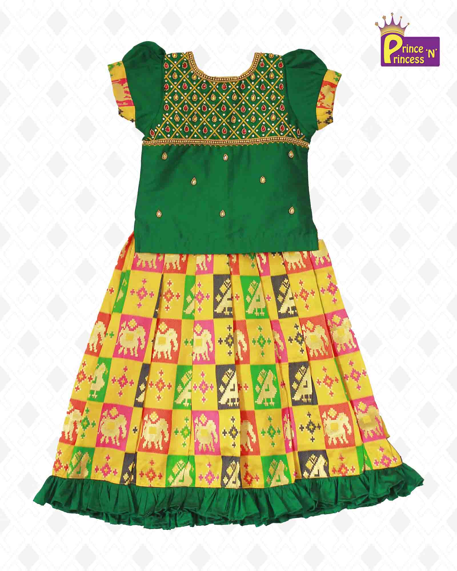 Kids Green With Yellow  Multi Colour Heavy AARI Work Traditional Pattu Pavadai PPP931 Prince N Princess