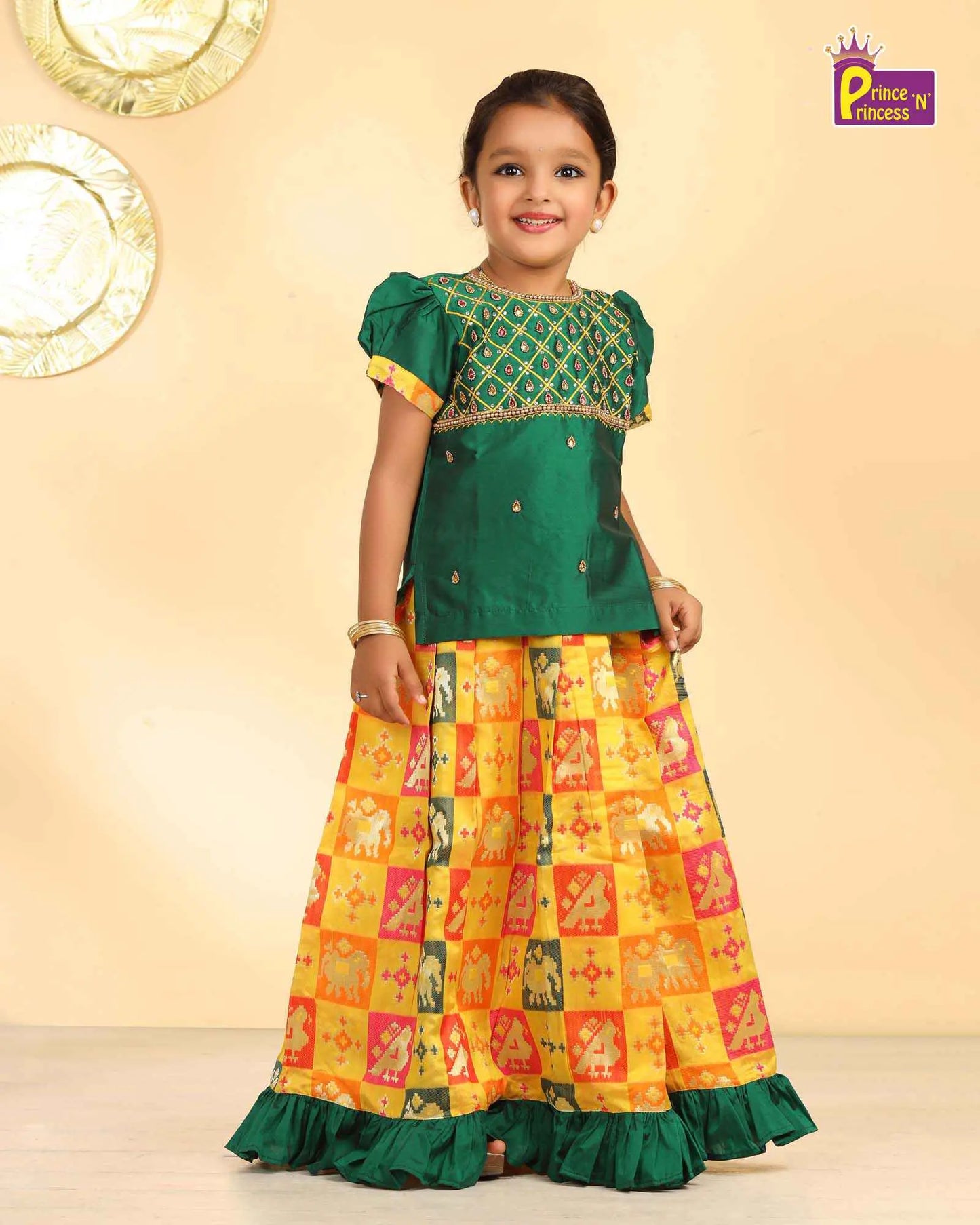 Kids Green With Yellow  Multi Colour Heavy AARI Work Traditional Pattu Pavadai PPP931 Prince N Princess