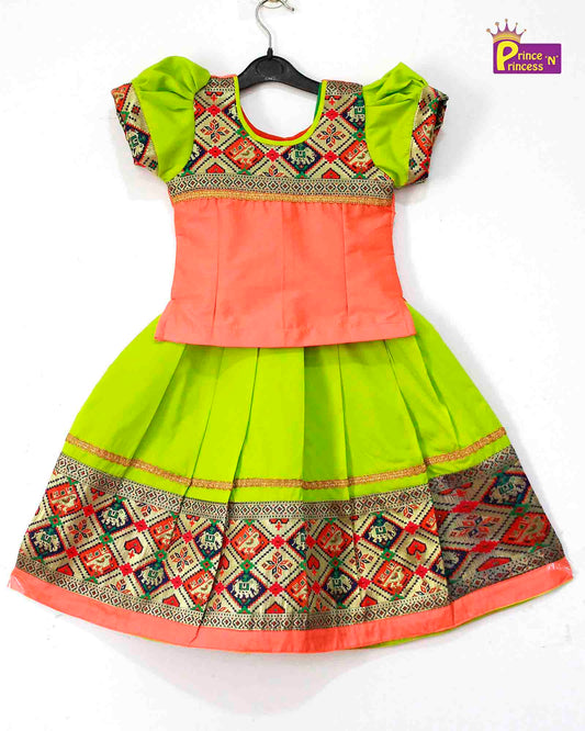 Peach Green Brocade Border Pattu Pavadai  PPP954 Prince N Princess