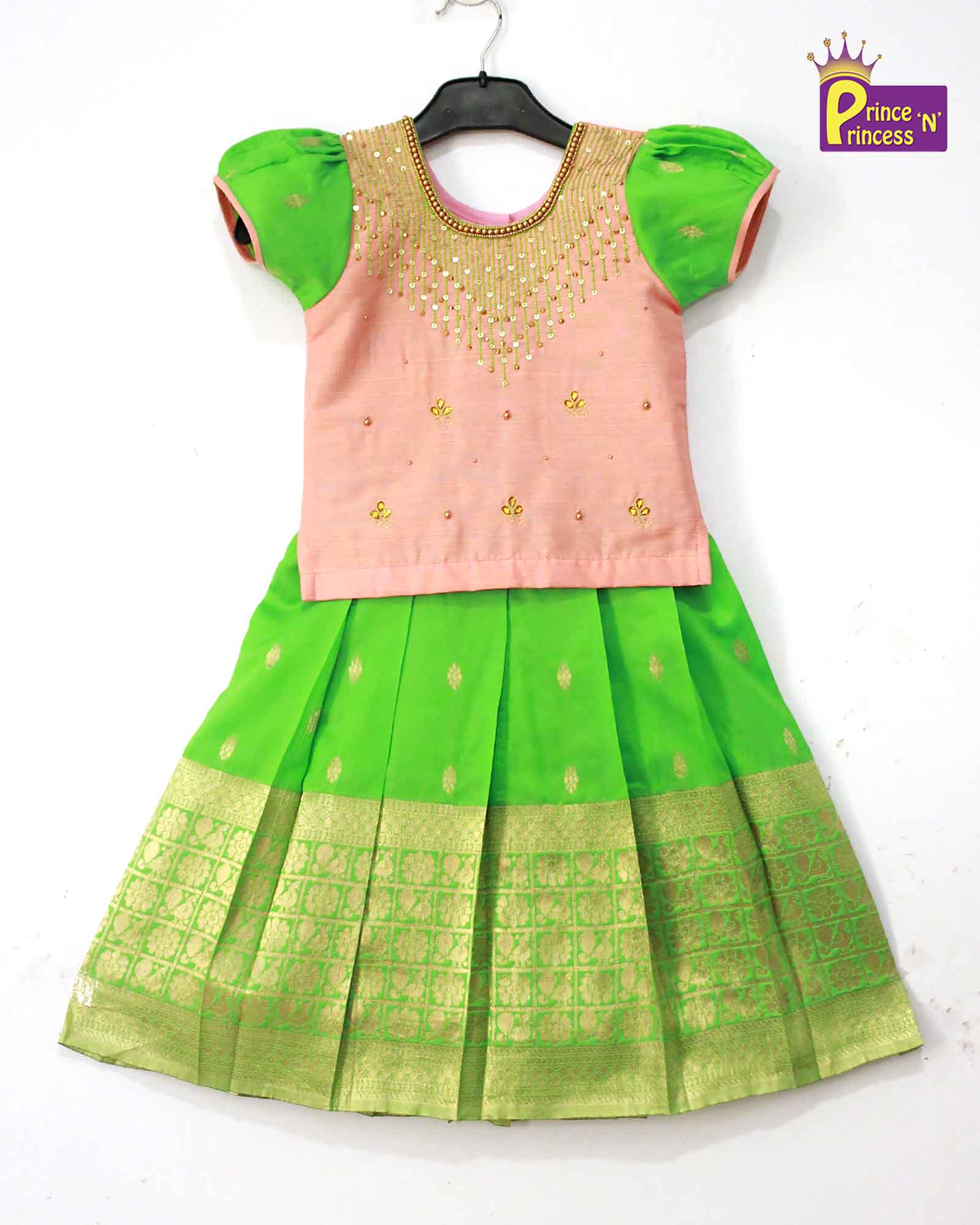 Kids Peach Green Embroidery Aari Work Pattu Pavadai  PPP981 Prince N Princess