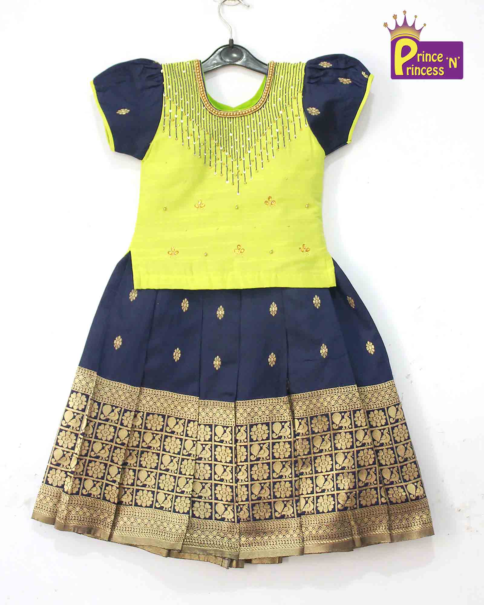 Kids Sky Green Navy Blue Embroidery Aari Work Pattu Pavadai Ppp982 Prince N Princess