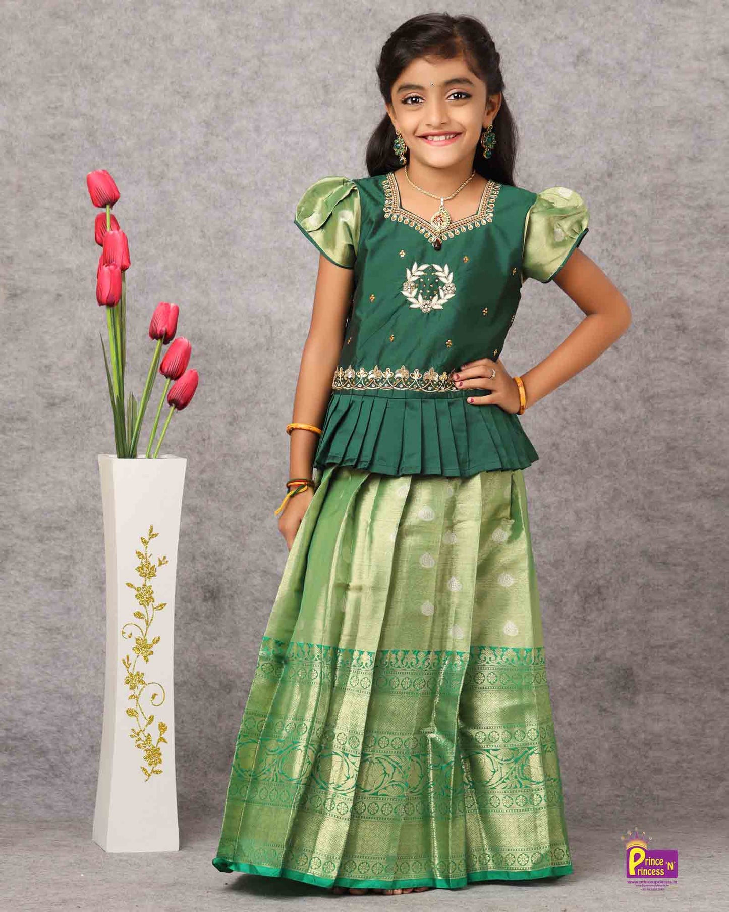 Kids Green Green Top With AARI Work Tissue Designer Pattu Pavadai PPP989