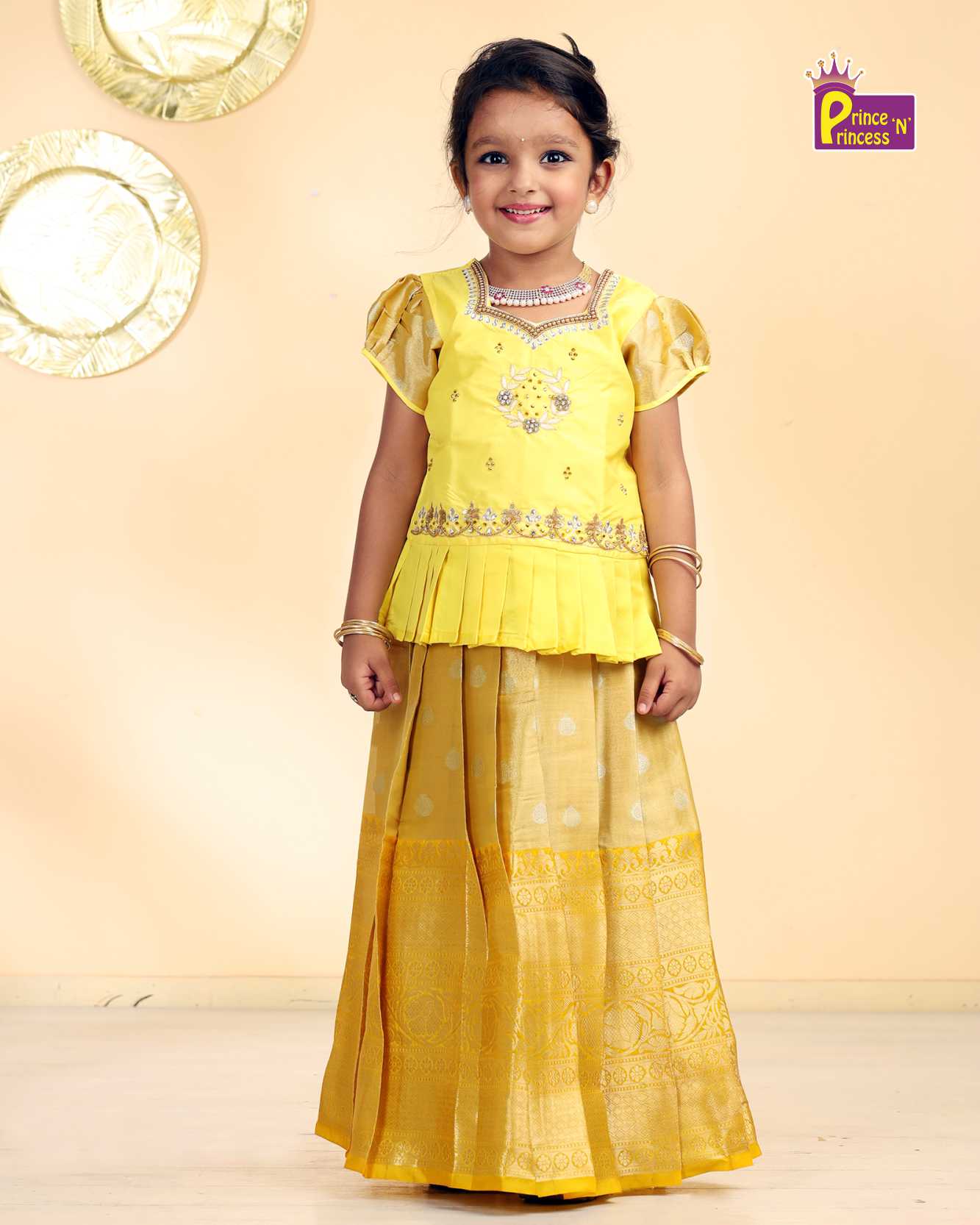 Kids yellow Top With AARI Work Tissue Designer Pattu Pavadai  PPP990