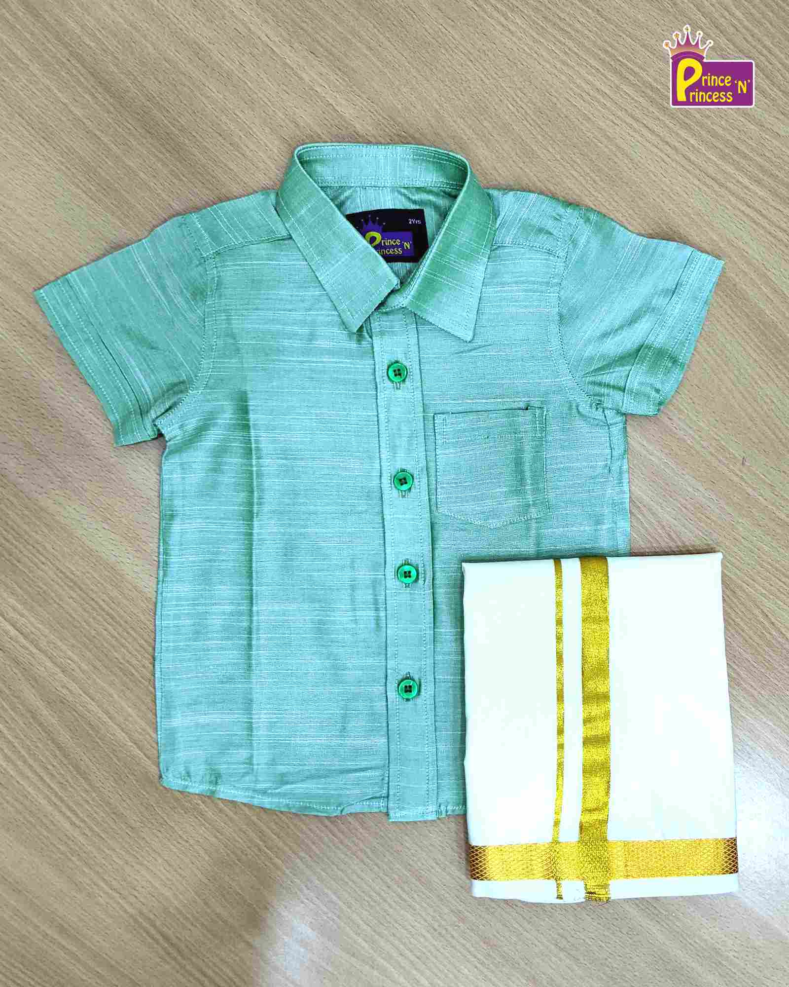 Boys South India Pista Green Shirt Dhoti Prince N Princess