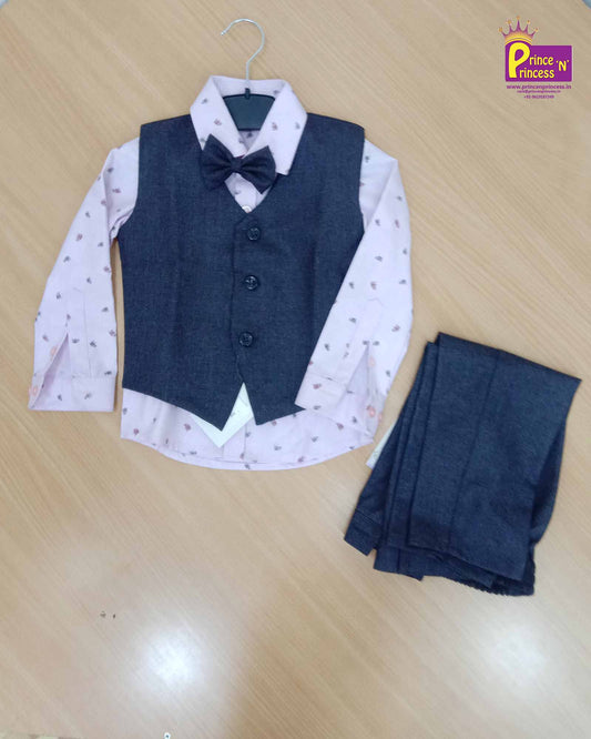 Boys Dark Grey Overcoat With Bow And Pant WC002