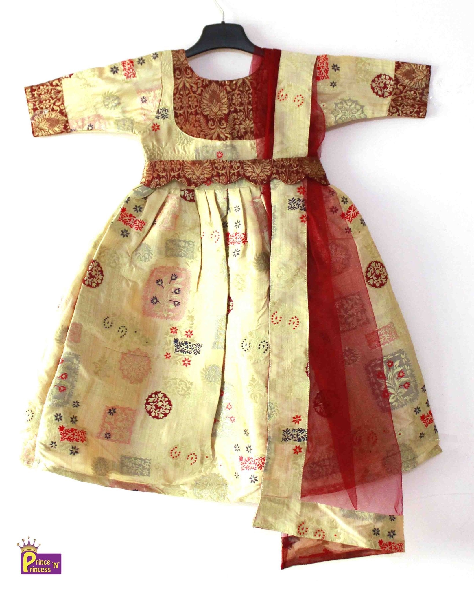 Biege Maroon Kids Ethnic Party Gown with Dupetta and Belt PG350 - Prince N Princess