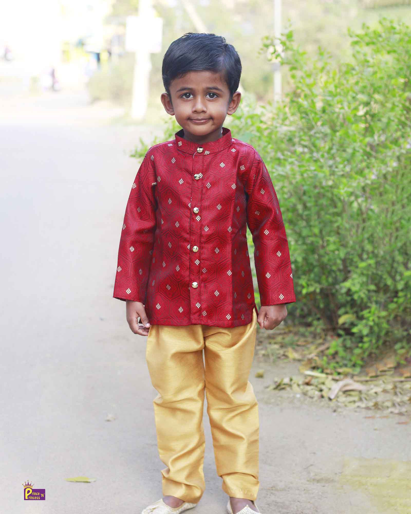 Boys Maroon Silk Kurta Sandal Pajama KP113 - Prince N Princess