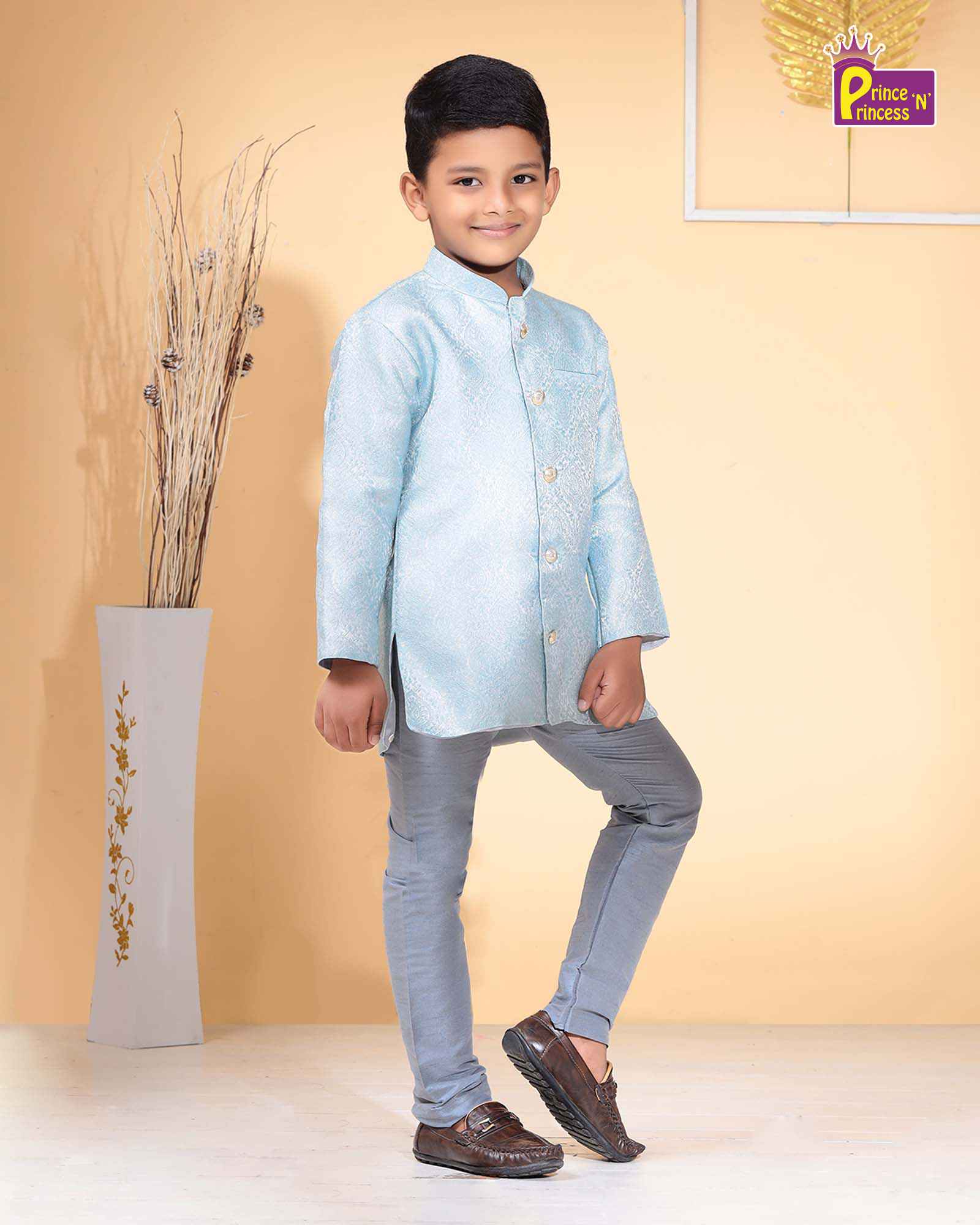Boys Sky Blue Silk Kurta Sandal Pajama KP100 - Prince N Princess