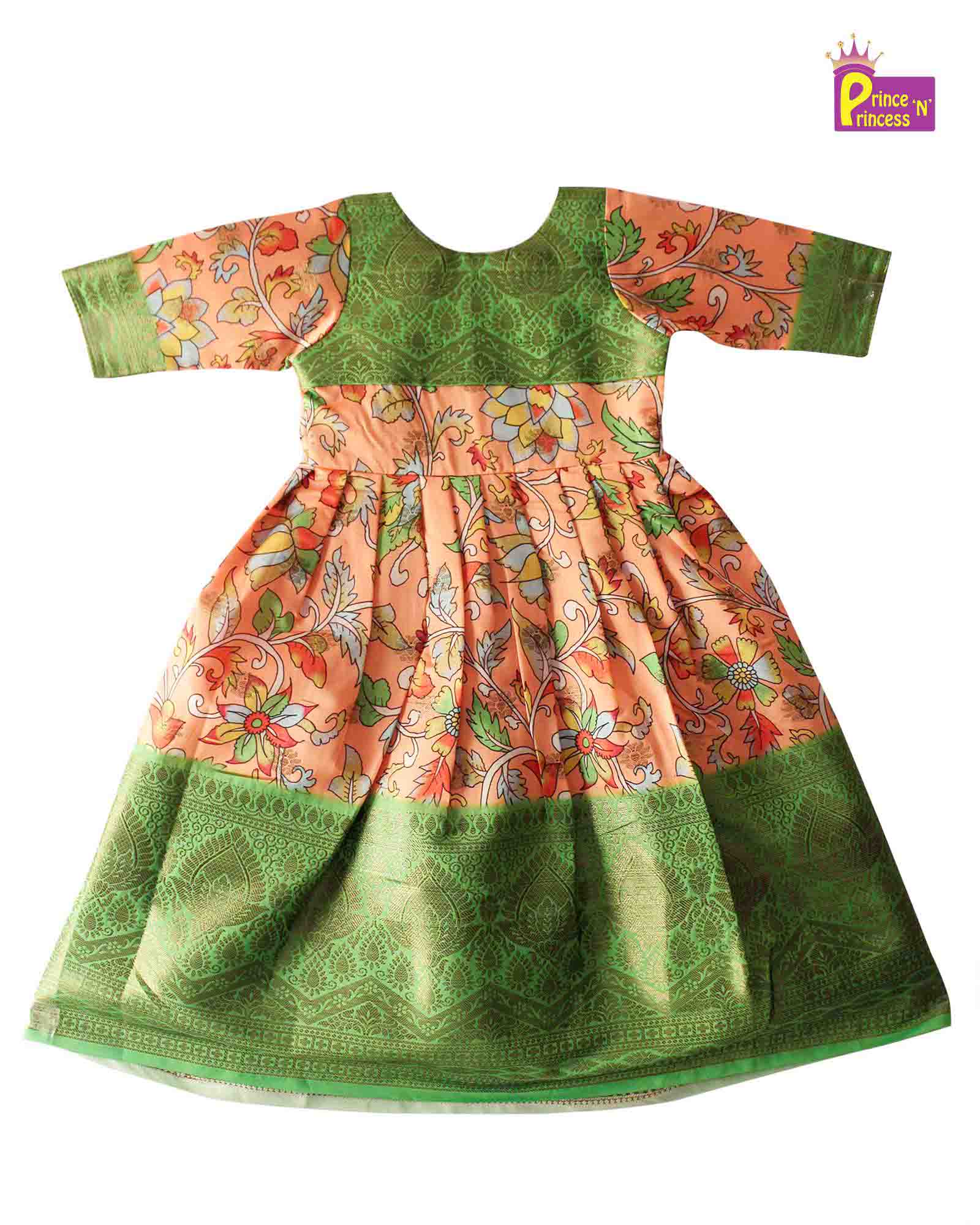 Green Orange Kalamkari Design Gown PG319 - Prince N Princess