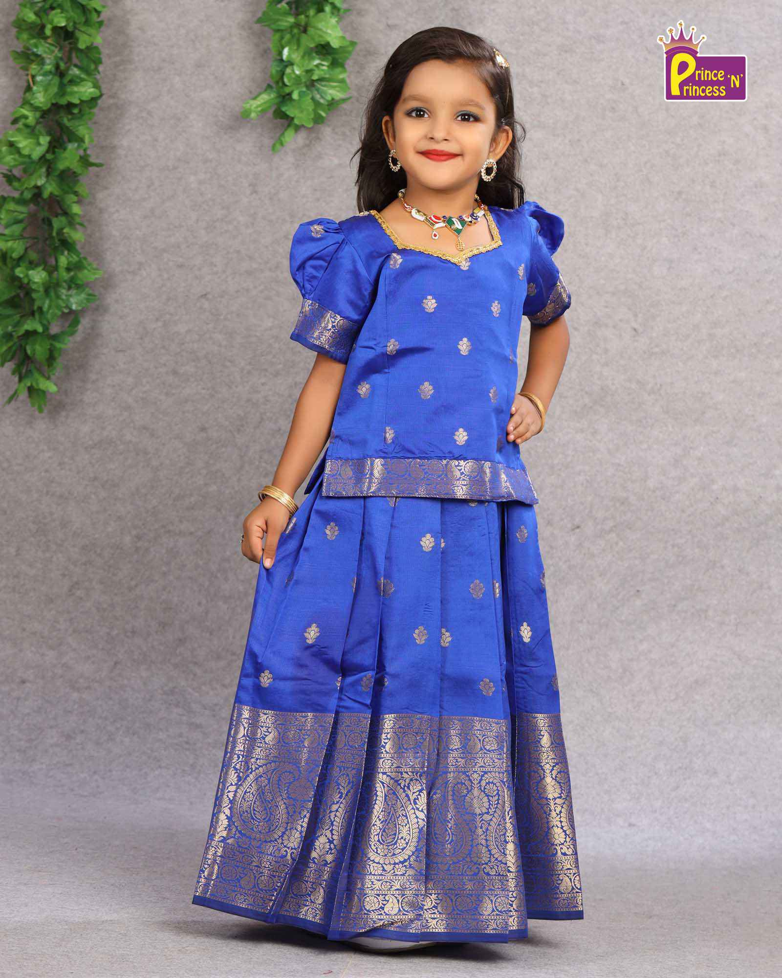 Kids Blue Big Border Traditional Pattu Pavadai PPP1105 - Prince N Princess
