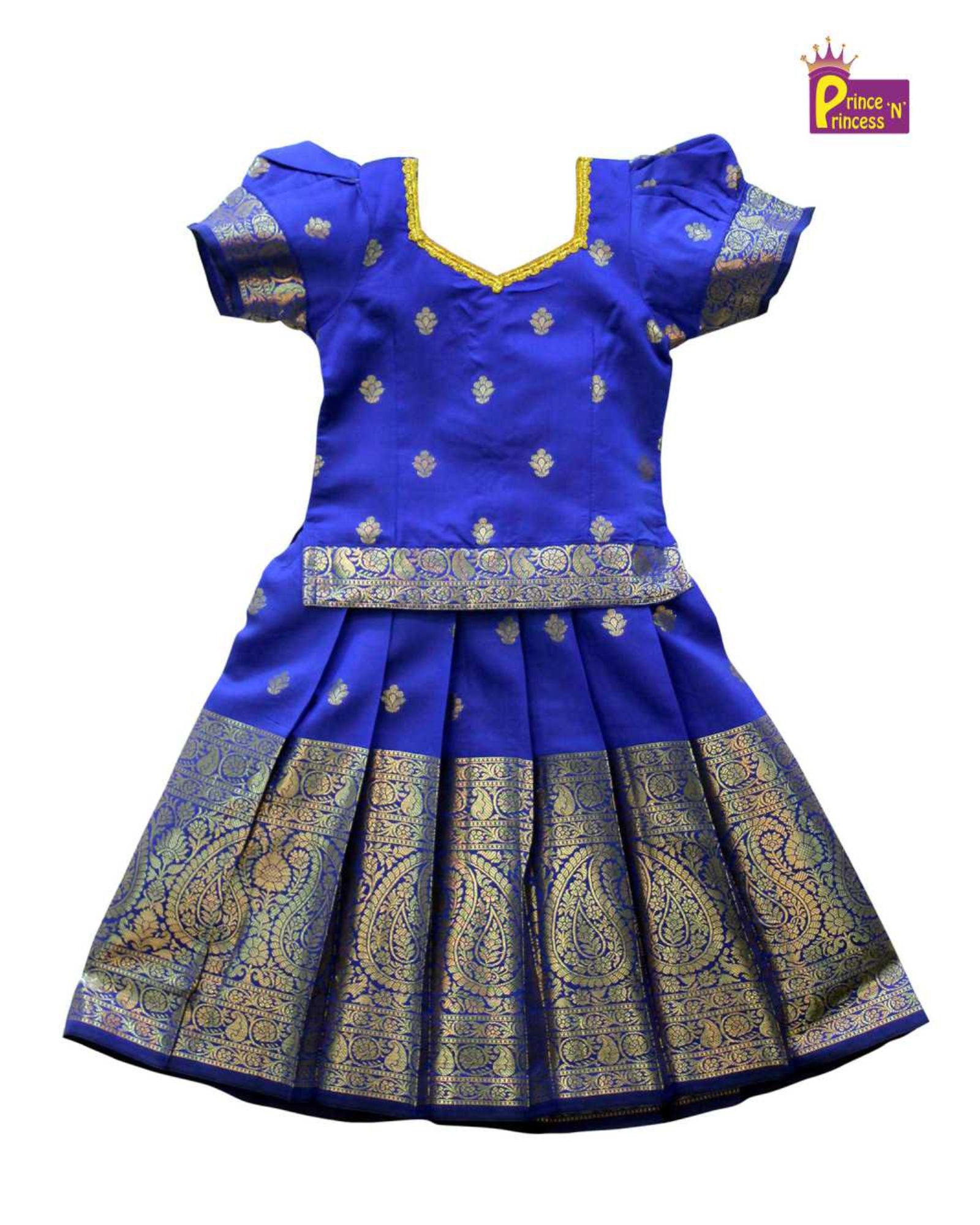 Kids Blue Big Border Traditional Pattu Pavadai PPP1105 - Prince N Princess