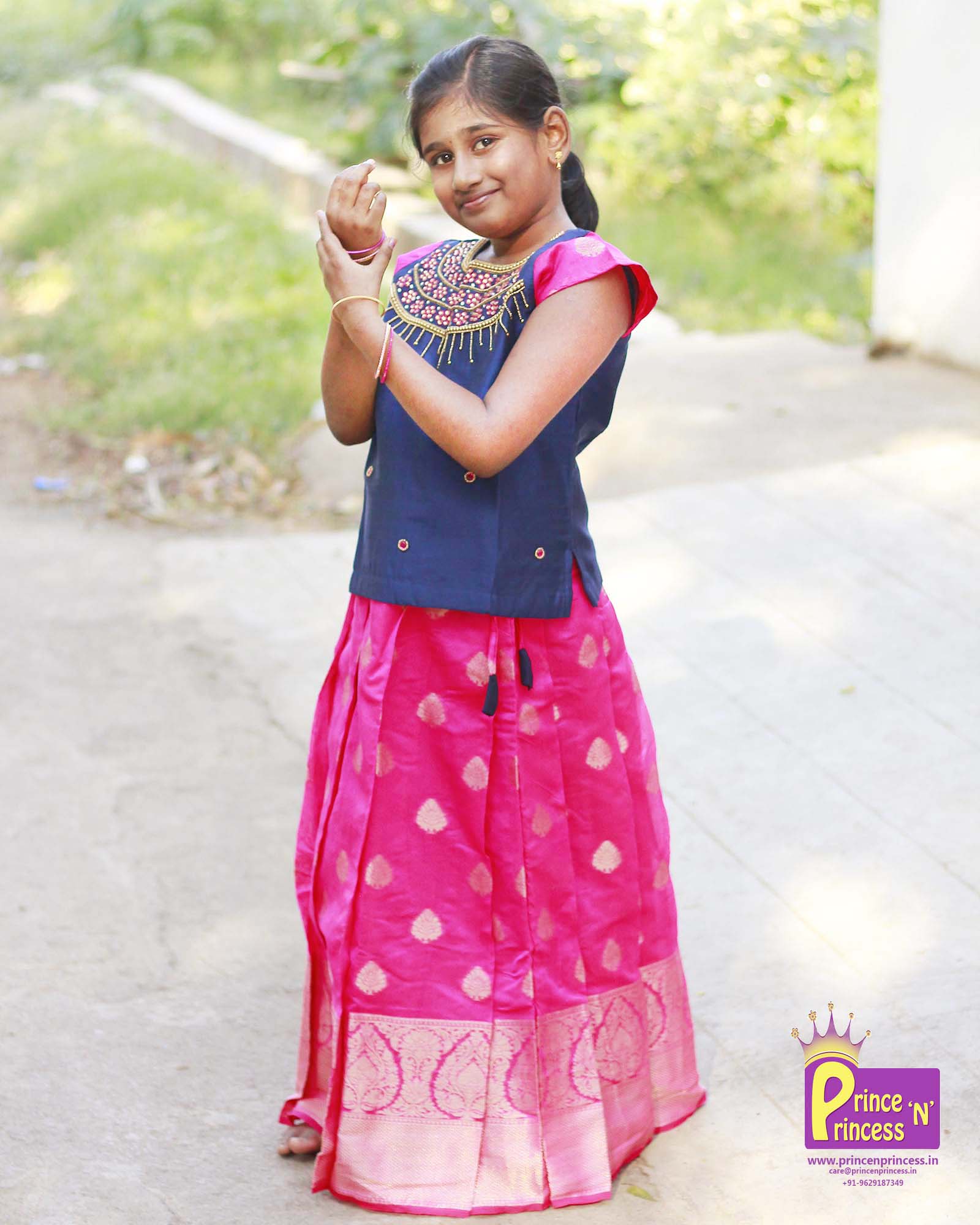 Kids Blue Pink AARI Work Pattu Pavadai PPP781 - Prince N Princess