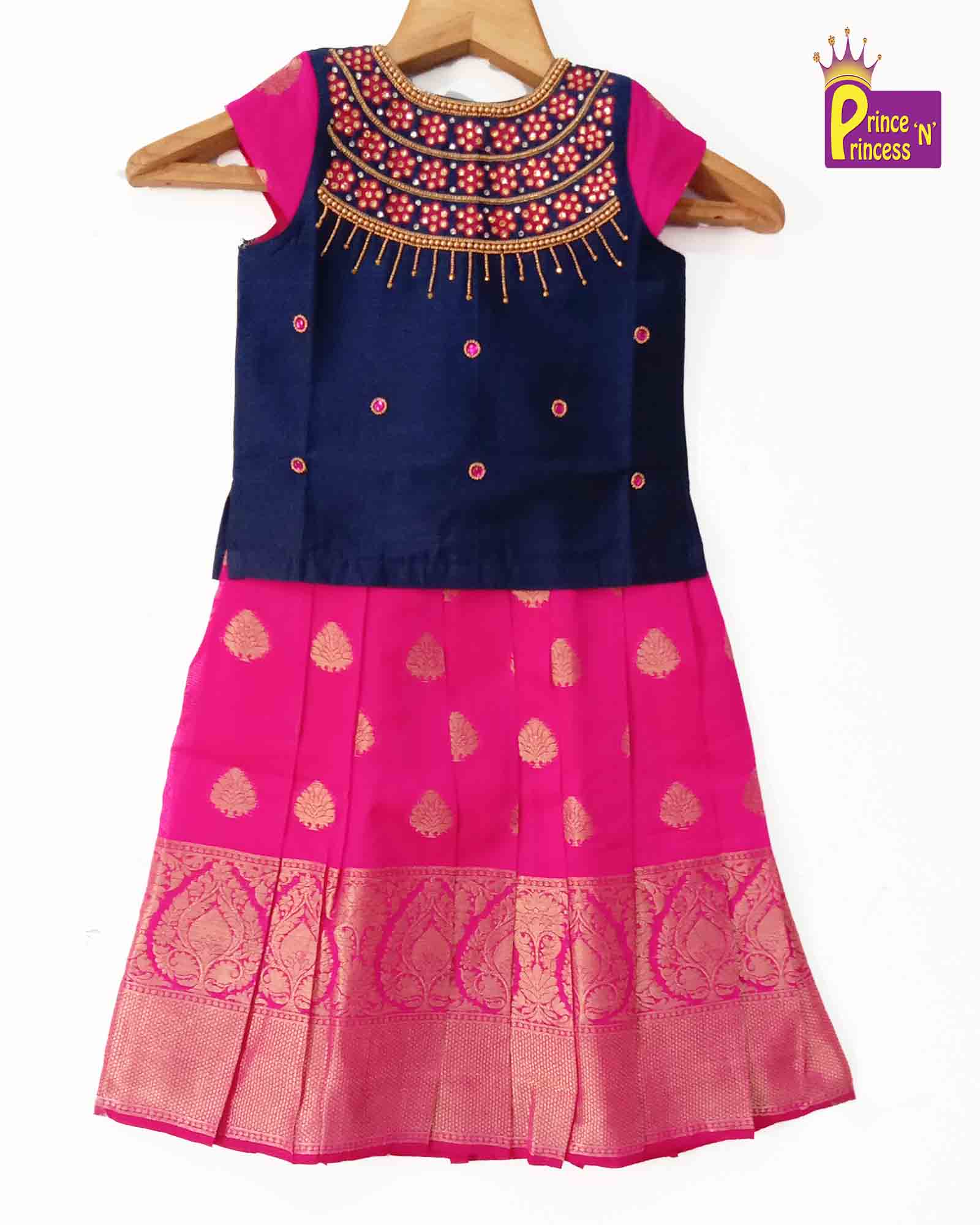 Kids Blue Pink AARI Work Pattu Pavadai PPP781 - Prince N Princess