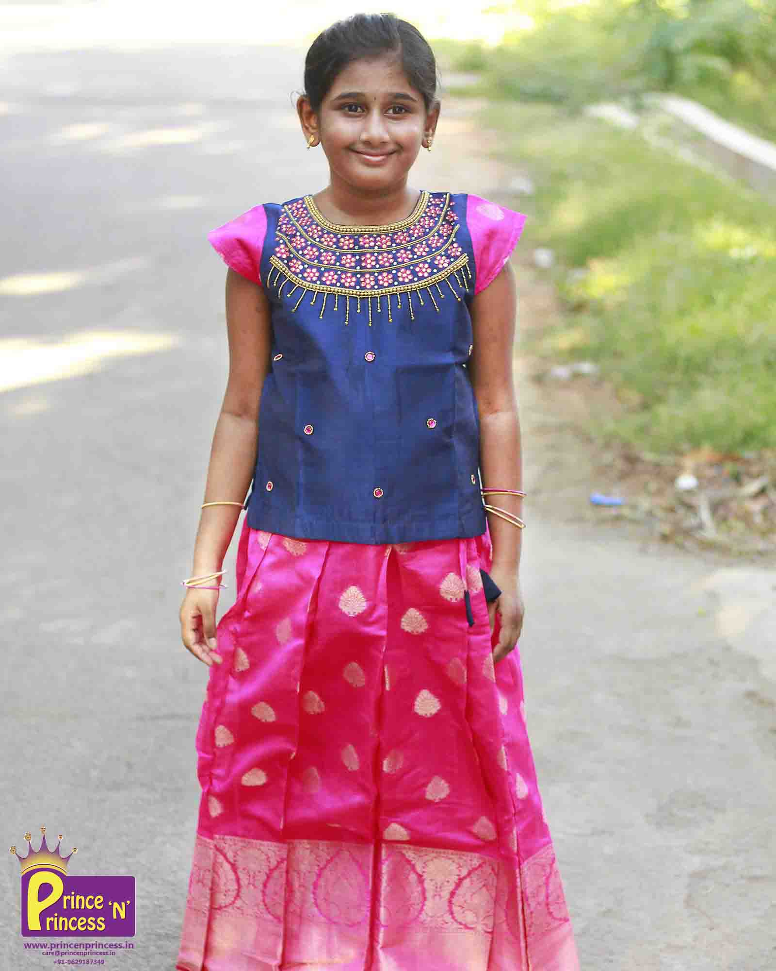 Kids Blue Pink AARI Work Pattu Pavadai PPP781 - Prince N Princess