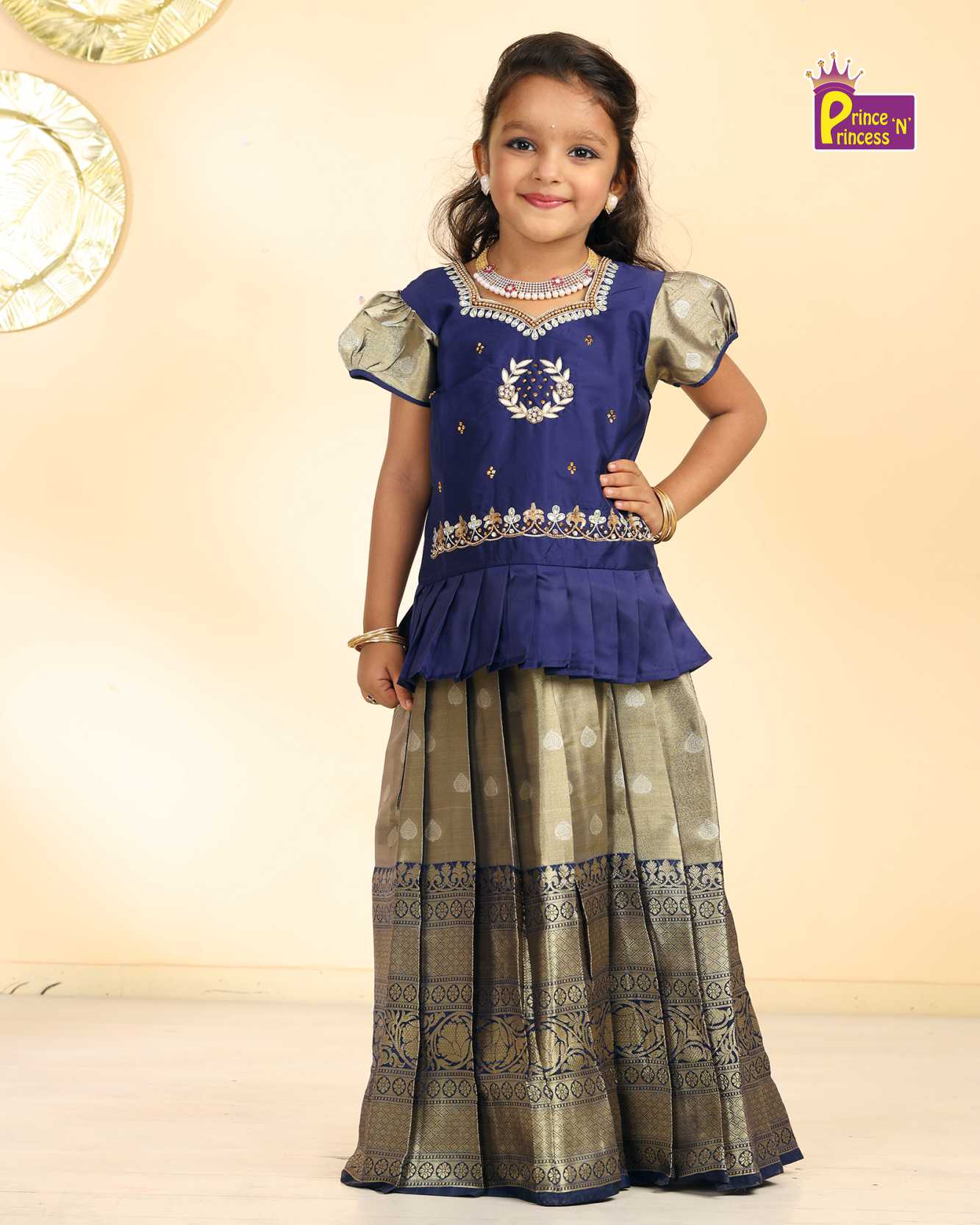 Kids Blue Top With AARI Work Tissue Designer Pattu Pavadai PPP1078 - Prince N Princess