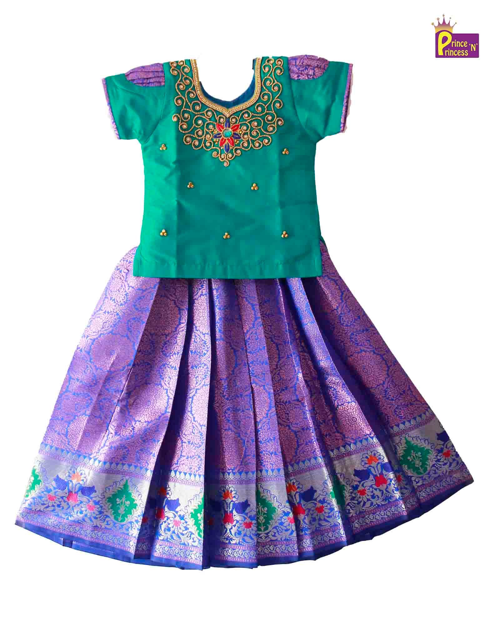 Kids Grand Green Blue Embroidery Aari Work Pink Zari Pattu Pavadai PPP1187 - Prince N Princess