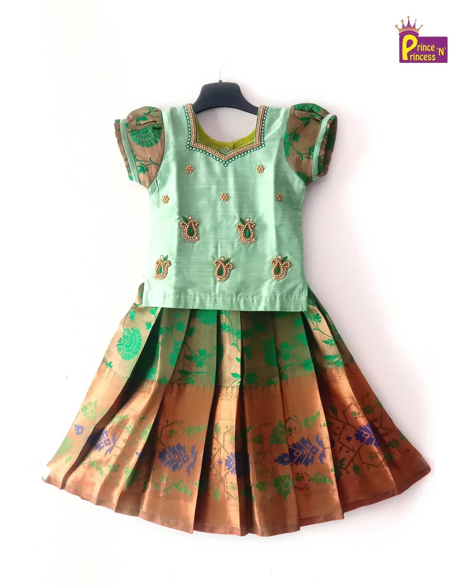 Kids Grand Green Embroidery Aari Work Pattu Pavadai PPP1147 - Prince N Princess