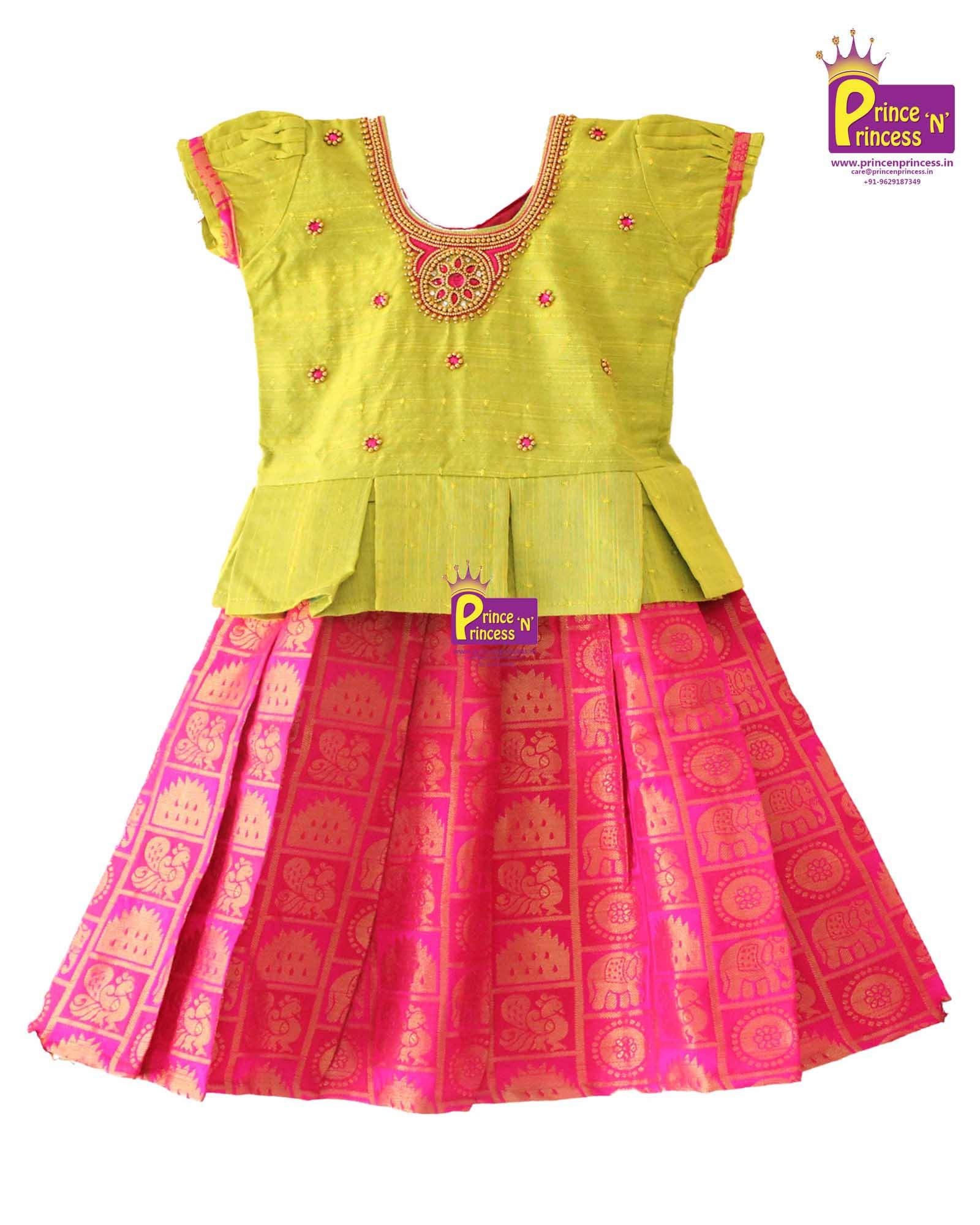 Kids Grand Green Pink Aari Work Pattu Pavadai PPP640 - Prince N Princess