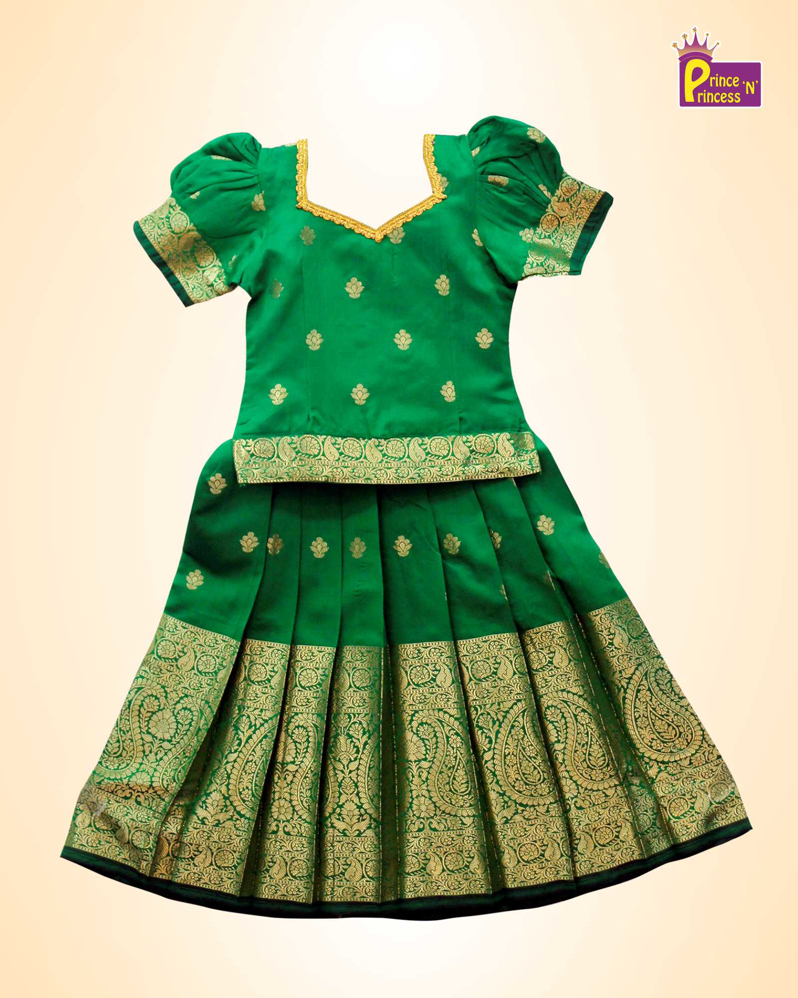 traditional green pattu pavadai star neck puff sleeve festival dress princenprincess