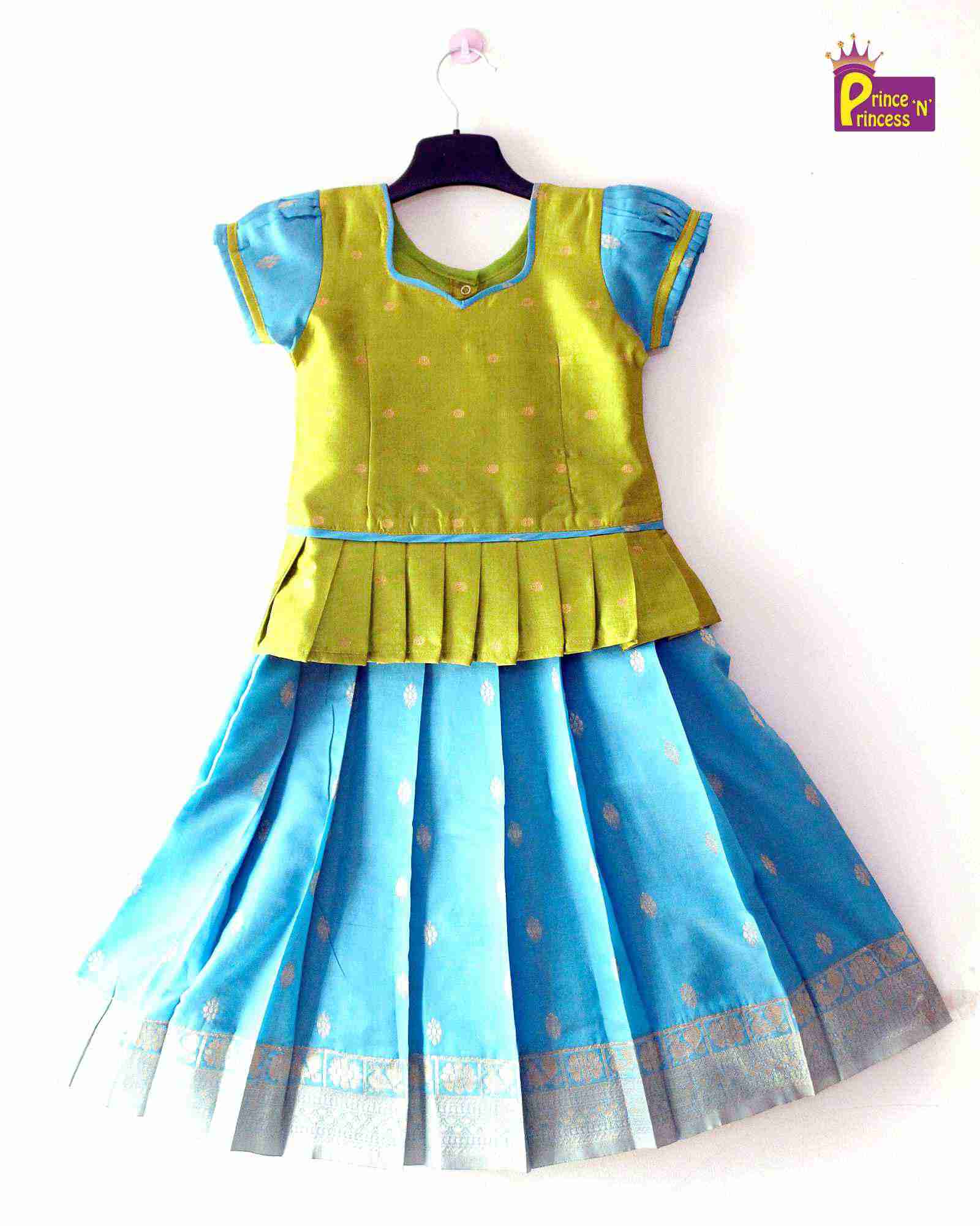 Kids Green Blue Traditional Pattu Pavadai PPP1198 - Prince N Princess
