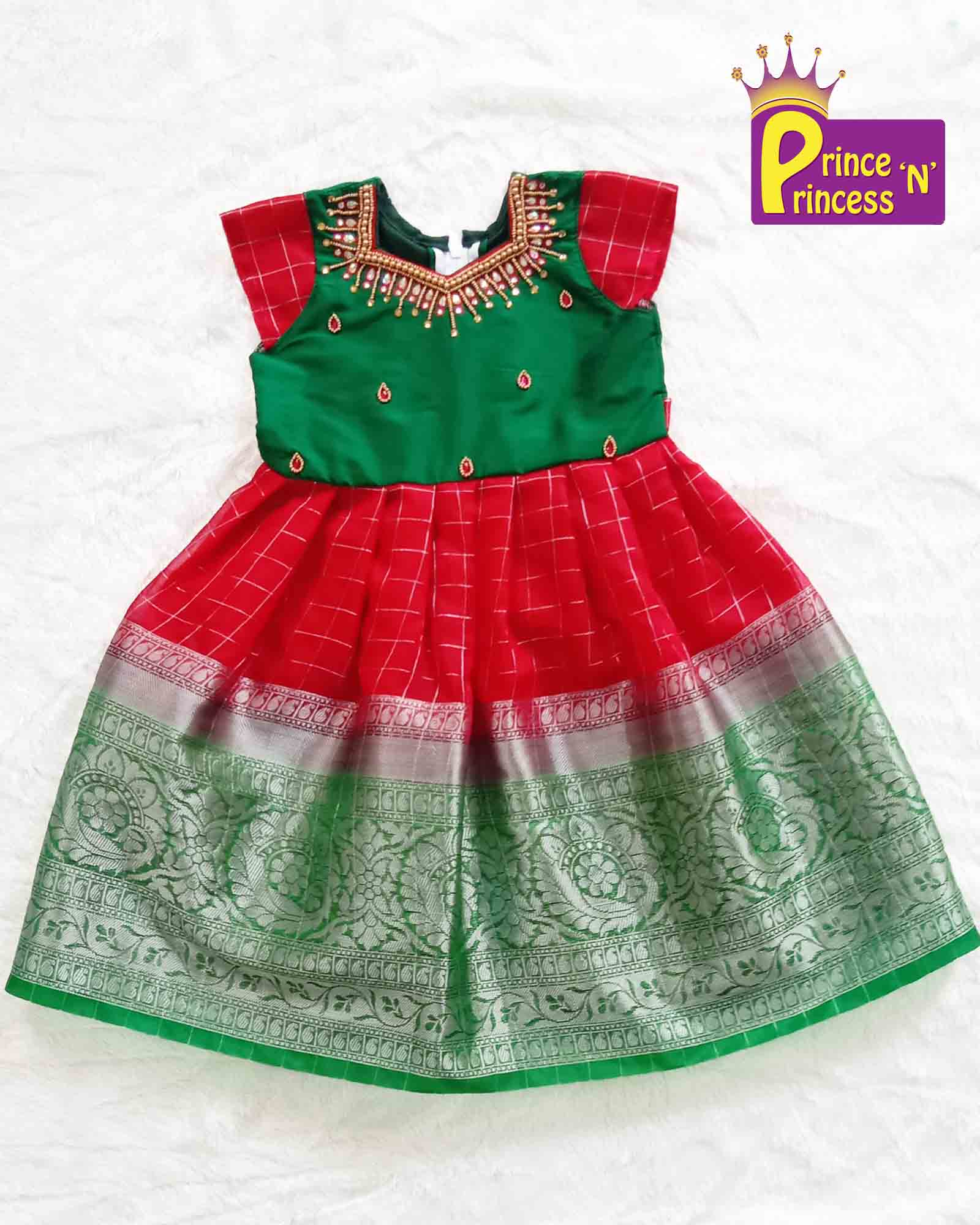 Kids Green Red Border AARI Work Party Gown PG198 - Prince N Princess