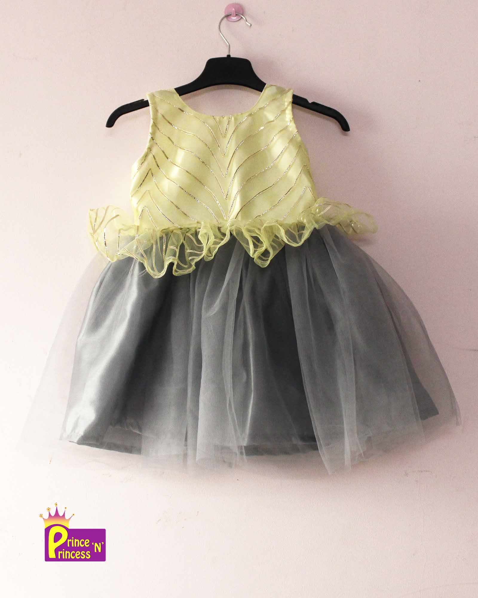 Kids Lemon Green and Grey Party Frock LDF297 - Prince N Princess