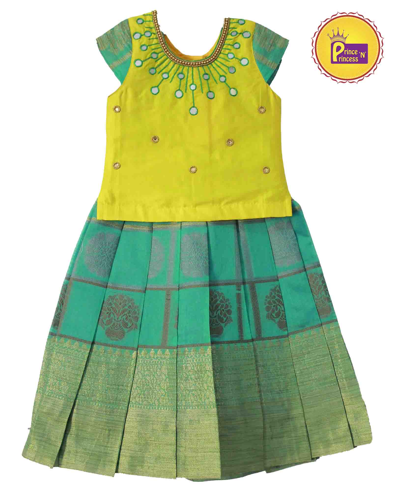 Kids Lemon Yellow Pista Green AARI Work Pattu Pavadai PPP850 - Prince N Princess