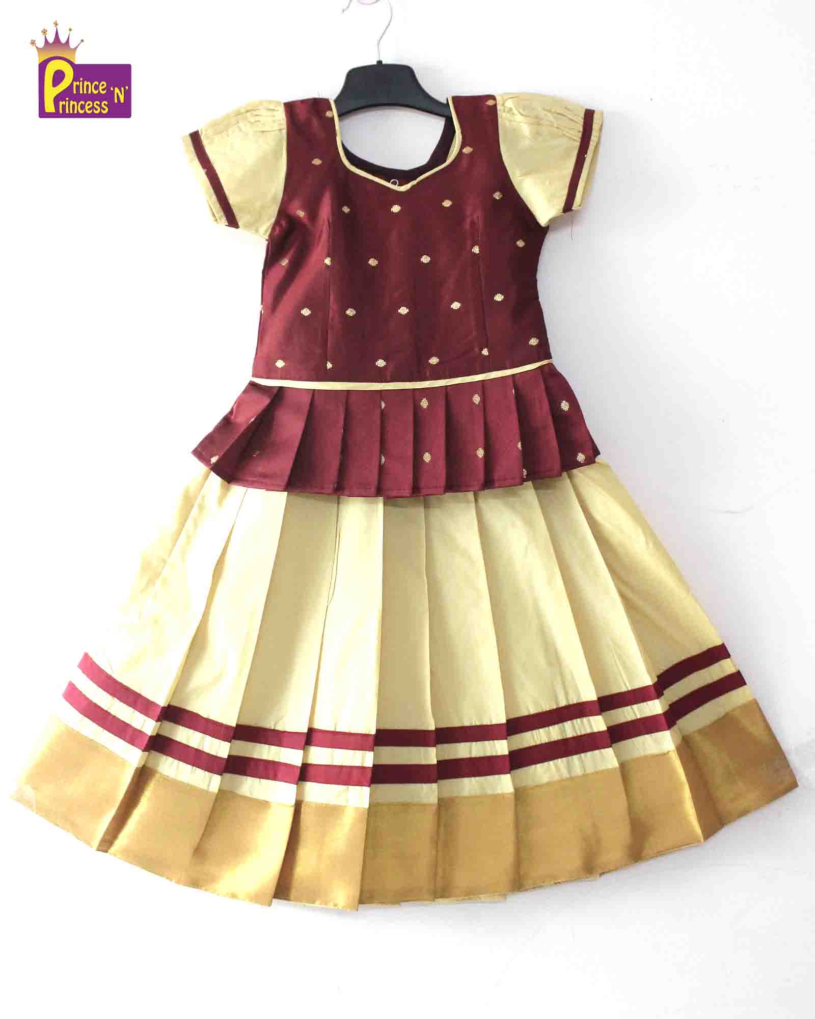 Kids Maroon And Half white Traditional Pattu Pavadai PPP1256 - Prince N Princess