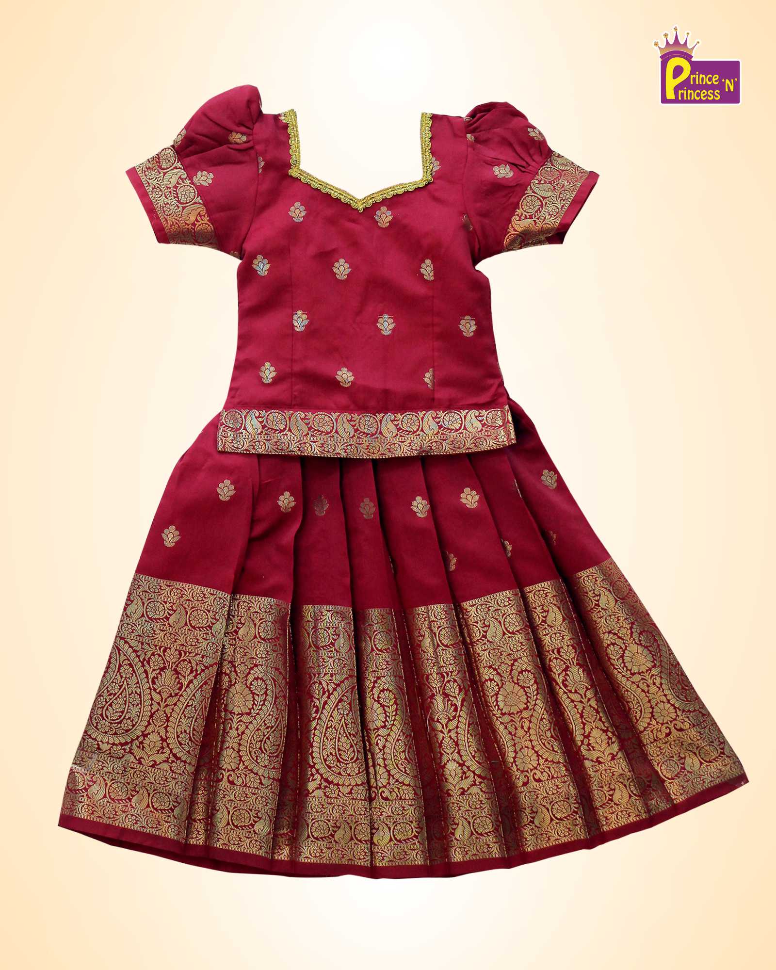 Kids Maroon Big Border Traditional Pattu Pavadai PPP1099 - Prince N Princess
