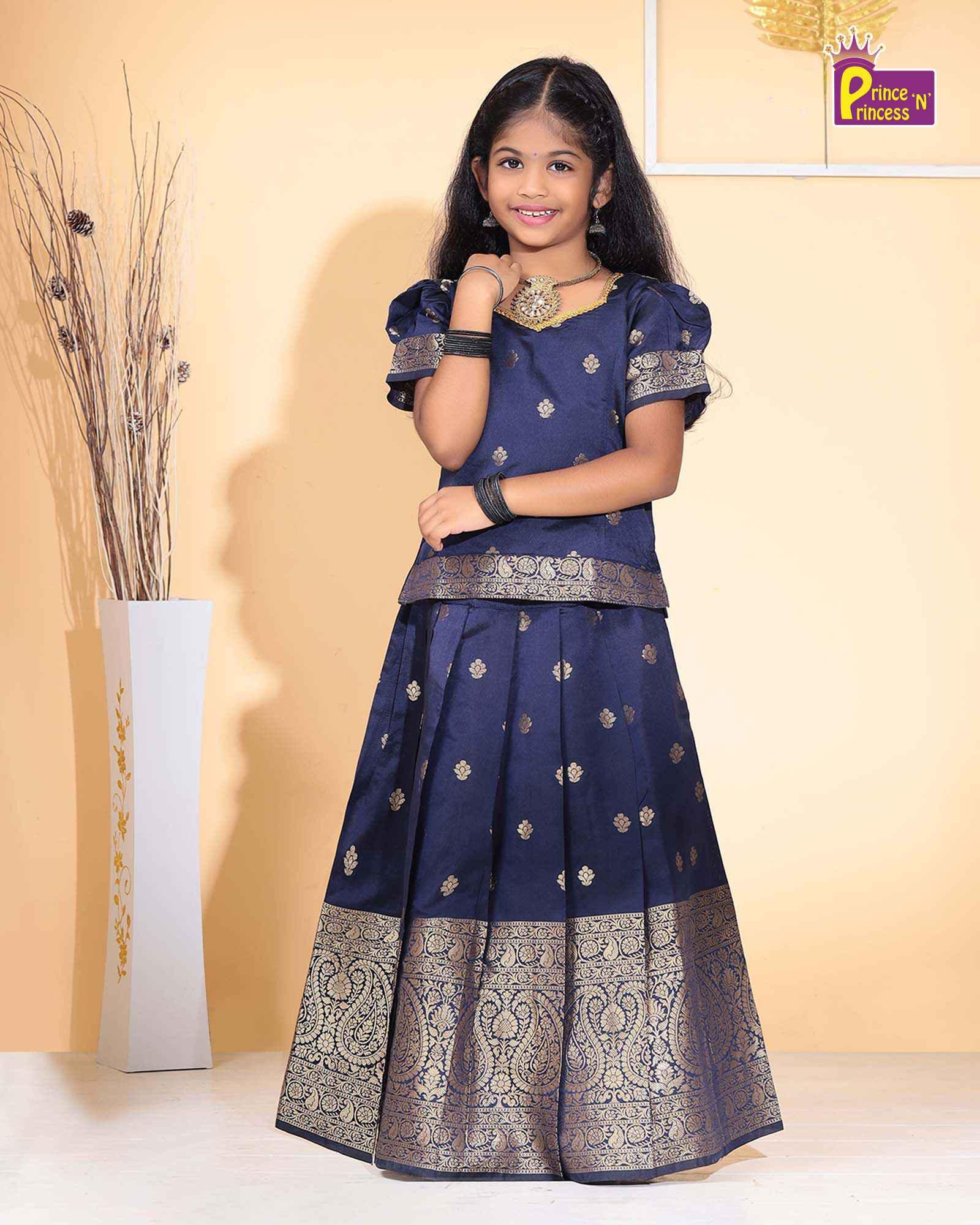 Kids Navy Blue Big Border Traditional Pattu Pavadai PPP1117 - Prince N Princess