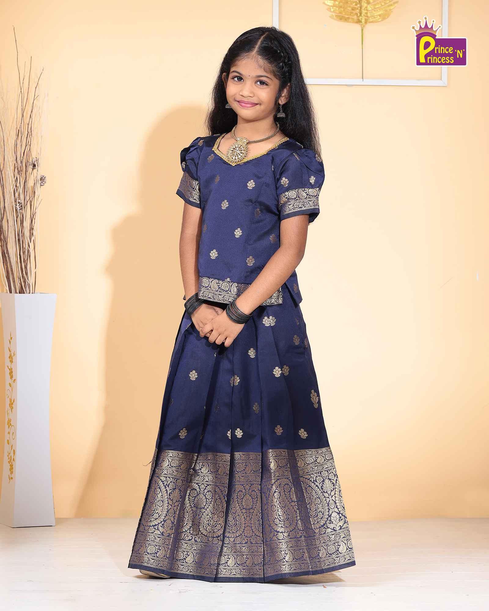 Kids Navy Blue Big Border Traditional Pattu Pavadai PPP1117 - Prince N Princess