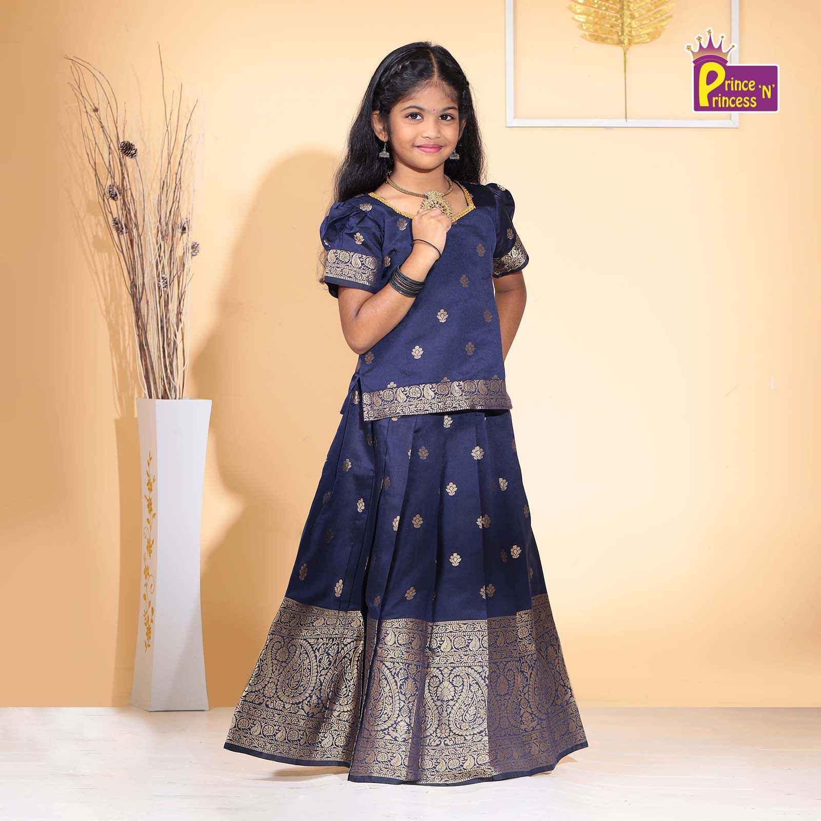 Kids Navy Blue Big Border Traditional Pattu Pavadai PPP1117 - Prince N Princess
