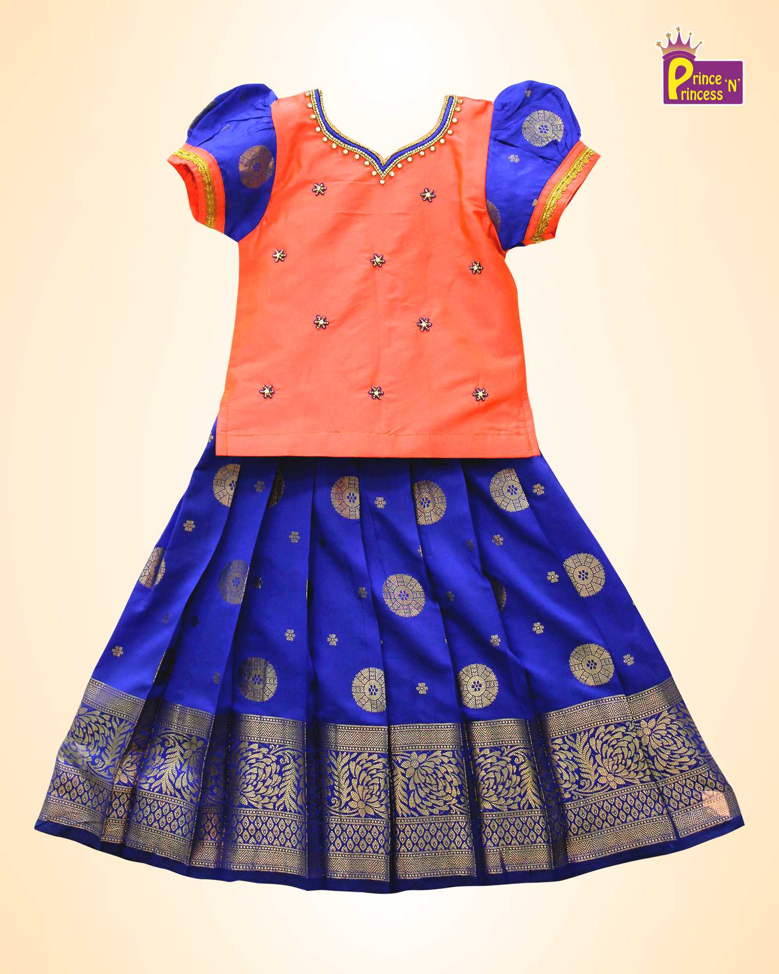 Kids Peach And Blue Grand Aari Work Pattu Pavadai PPP1096 - Prince N Princess