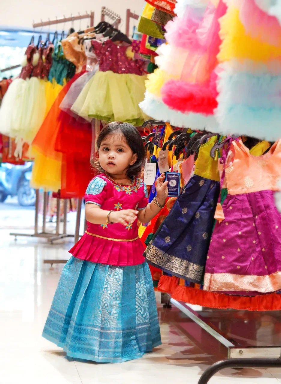 Kids Pink And Blue Aari Work Traditional Pattu Pavadai PPP1175 - Prince N Princess