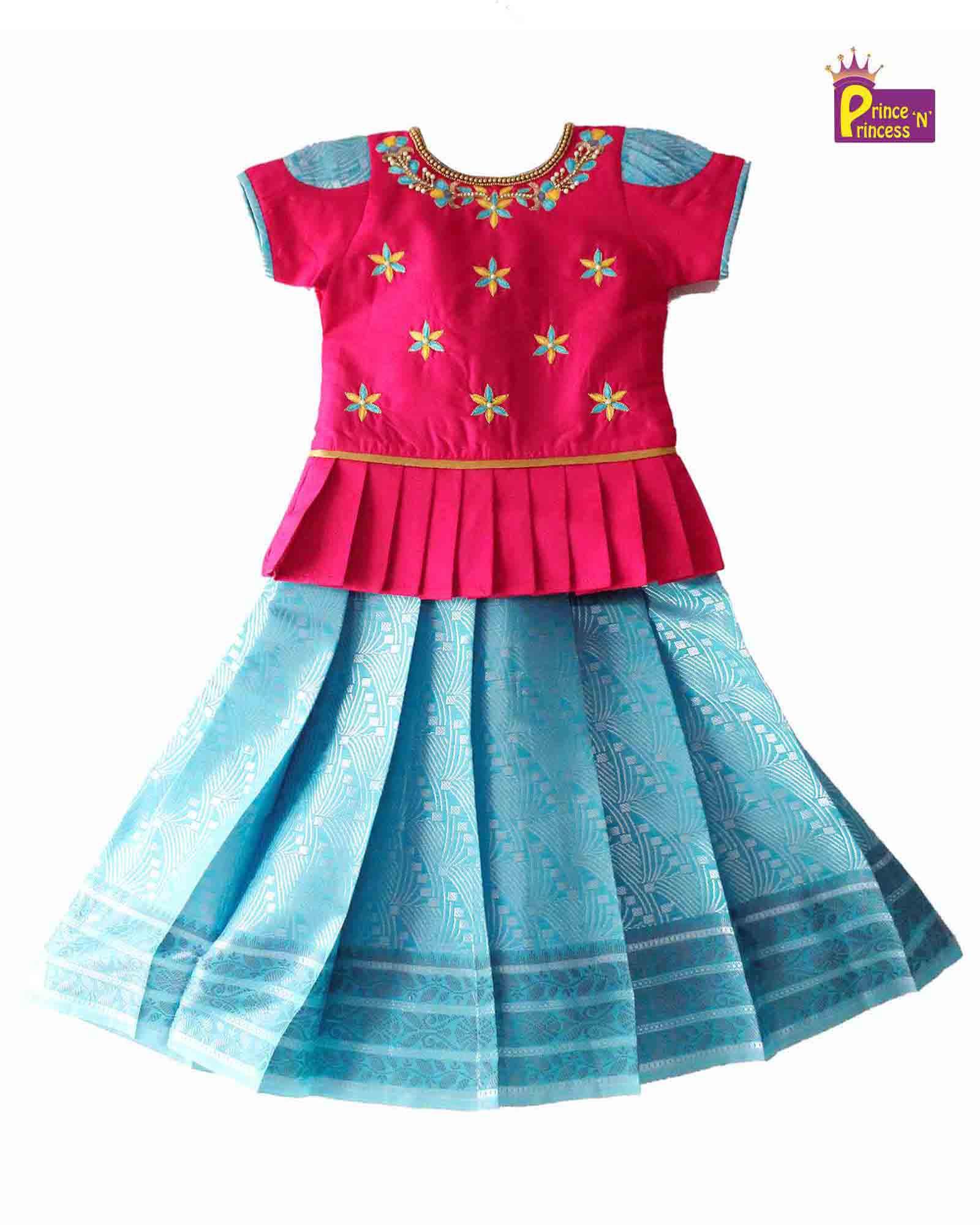 Kids Pink And Blue Aari Work Traditional Pattu Pavadai PPP1175 - Prince N Princess