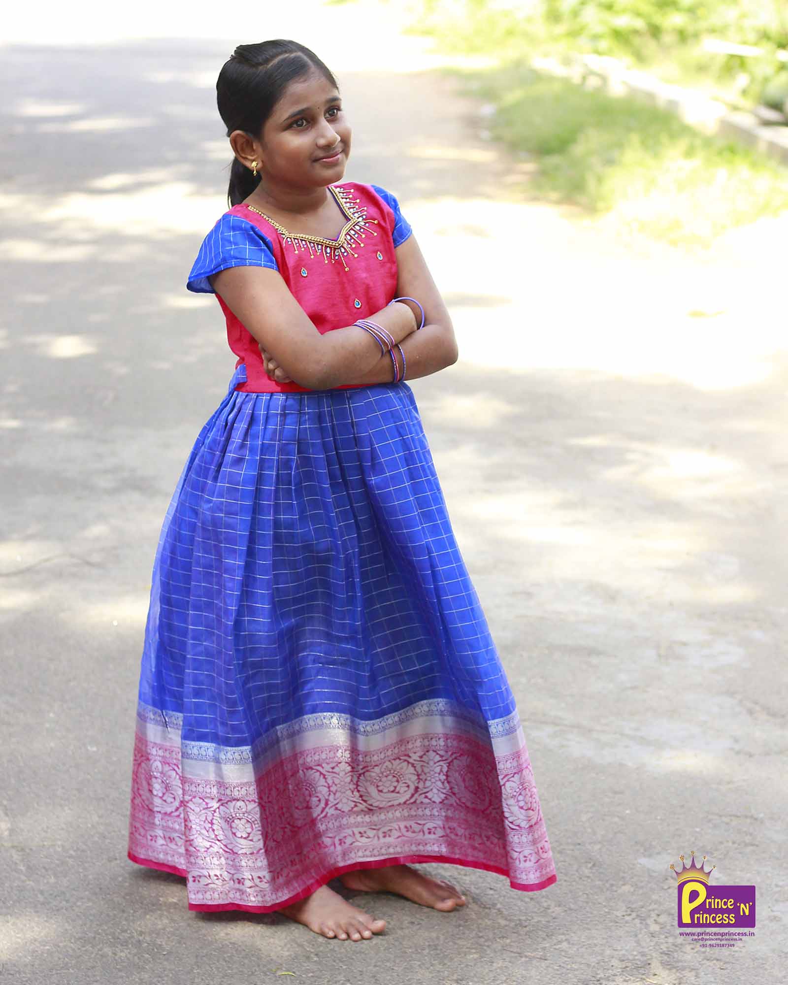 Kids Pink Blue Grand AARI Work Big Border Party Gown PG200 - Prince N Princess