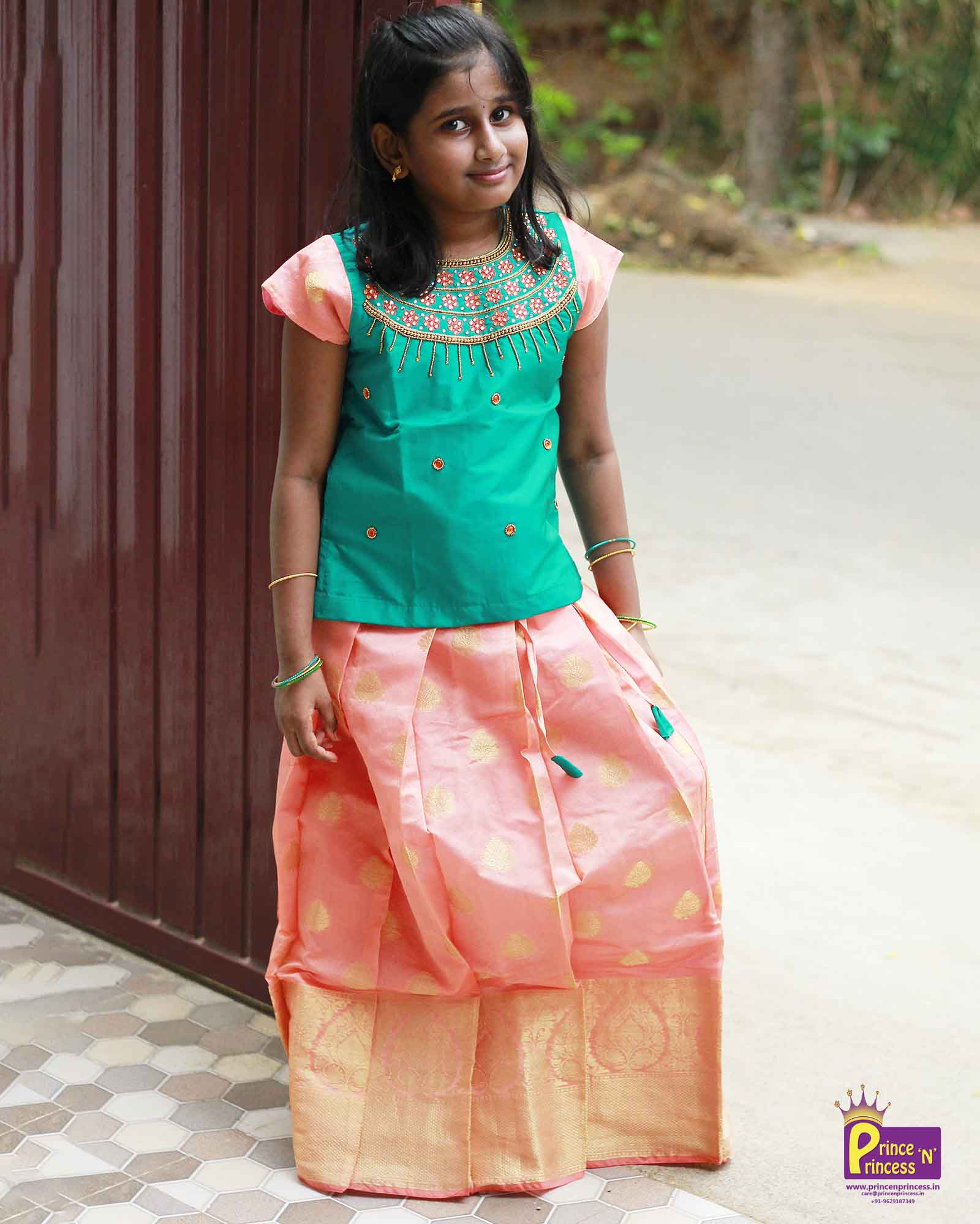 Kids Rama Green Top With Peach Skirt AARI Work Designer Pattu Pavadai PPP944 - Prince N Princess