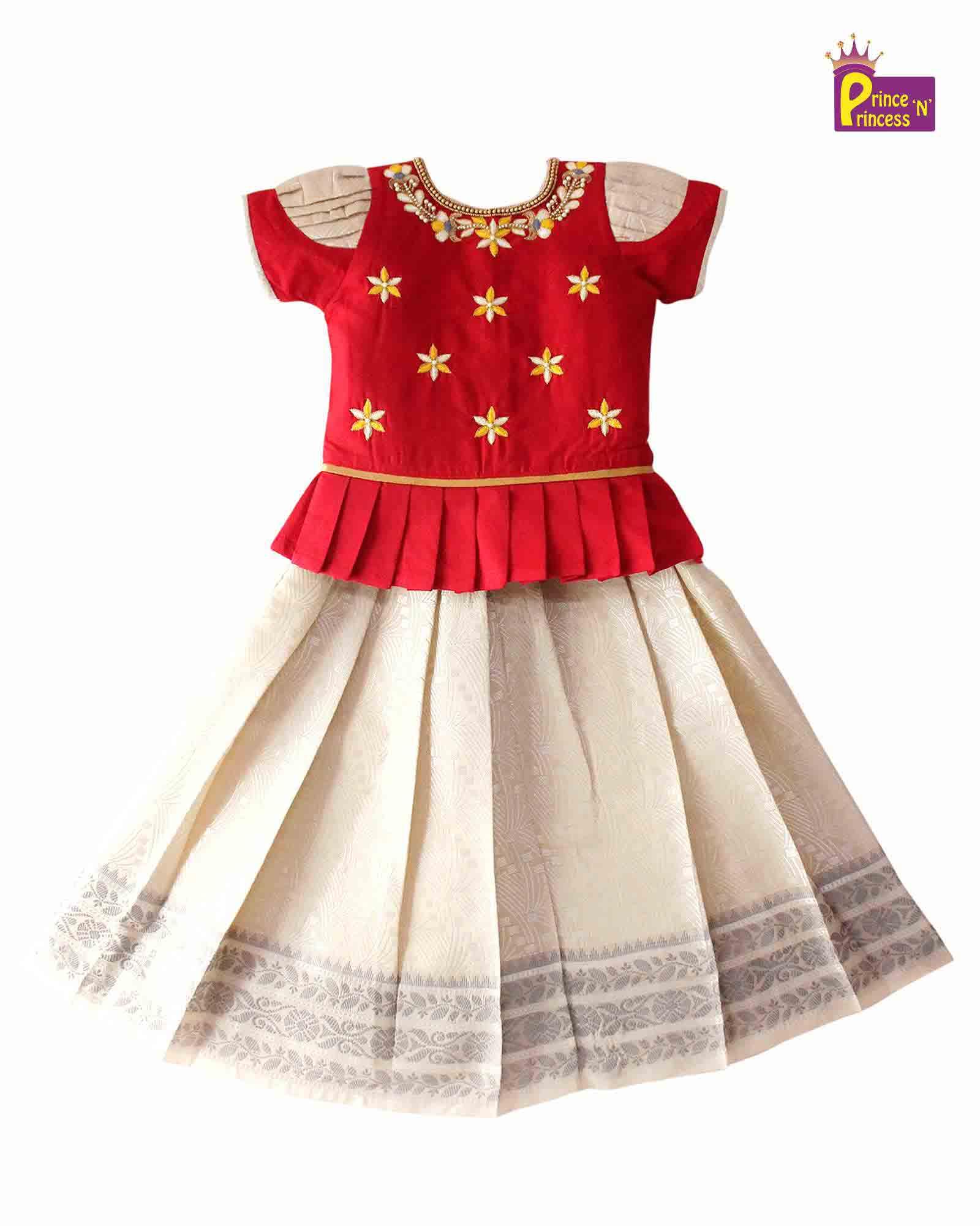 pattu pavadai red half white designer puff sleeve temple festival wear princenprincess