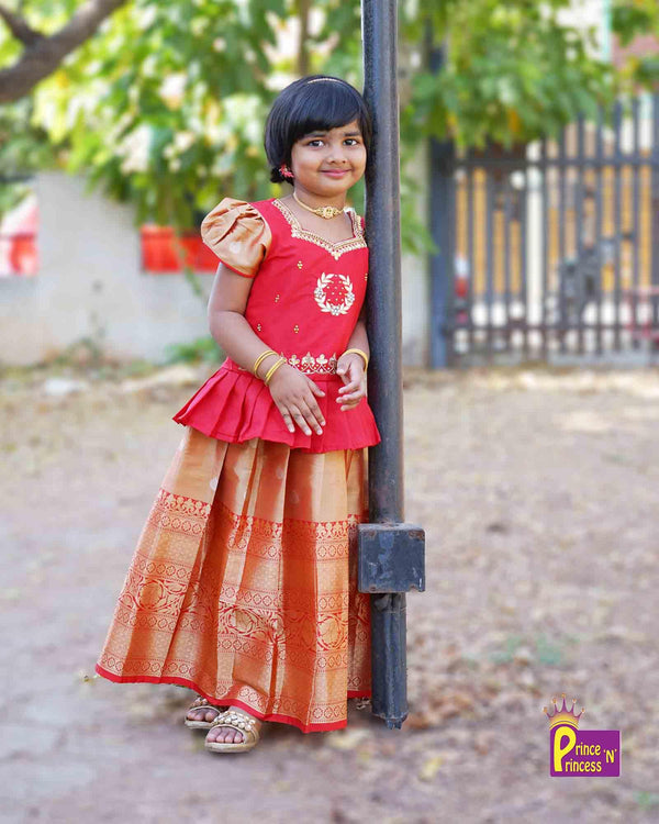 Kids Red Top With AARI Work Tissue Designer Pattu Pavadai PPP979 - Prince N Princess