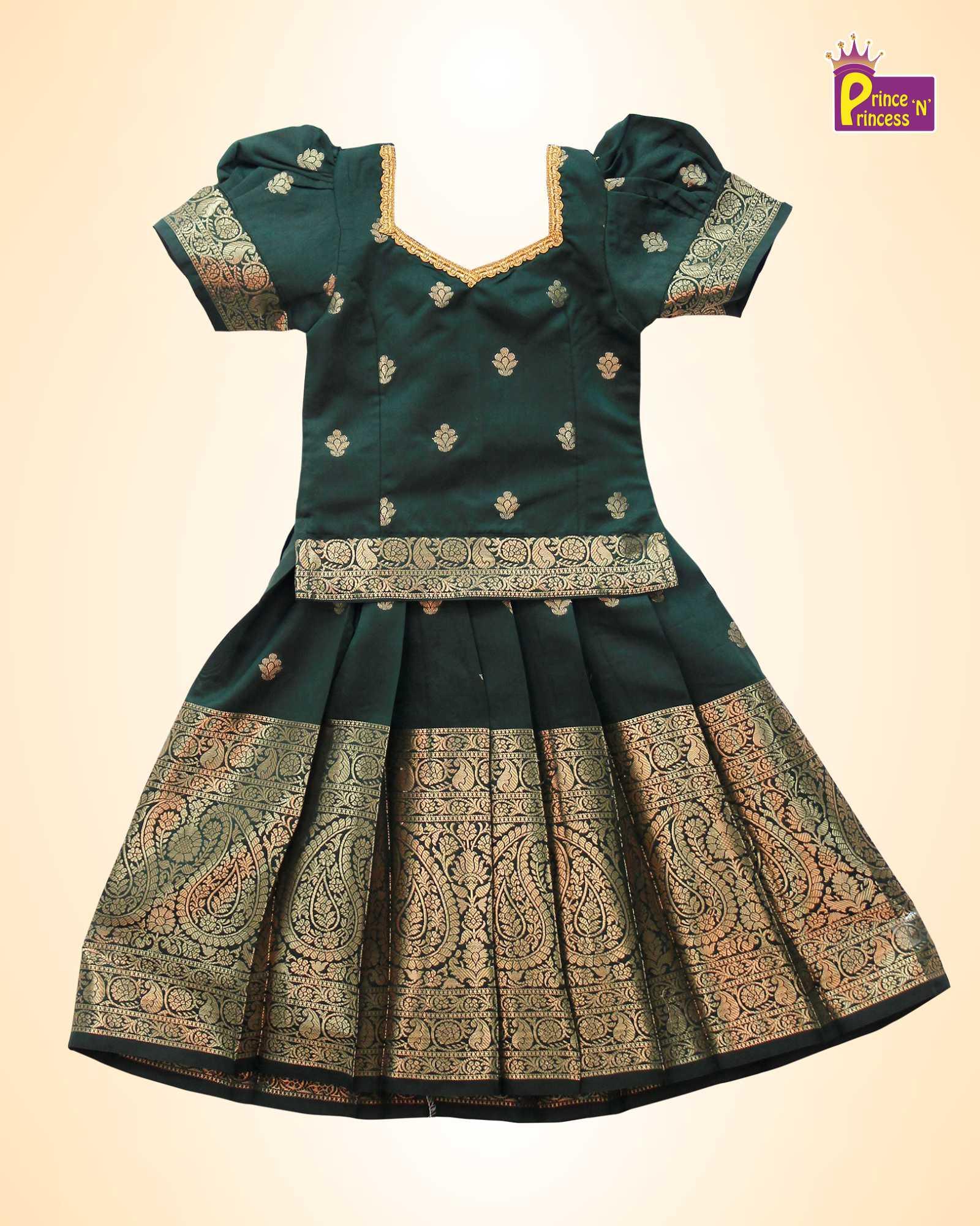 Kids Traditional Pattu Pavadai Bottle Green Green Zari Border PPP1103 - Prince N Princess