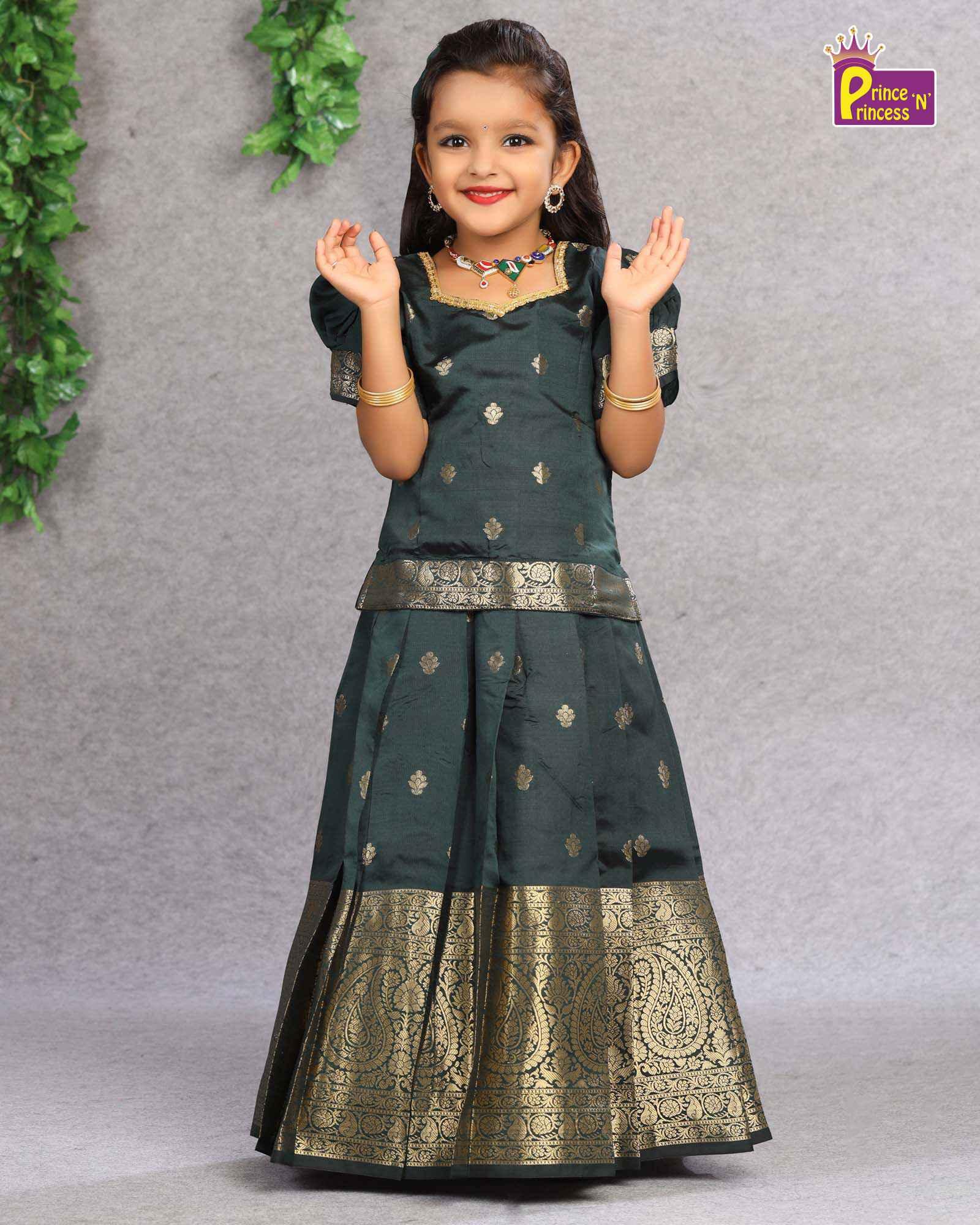 Kids Traditional Pattu Pavadai Bottle Green Green Zari Border PPP1103 - Prince N Princess