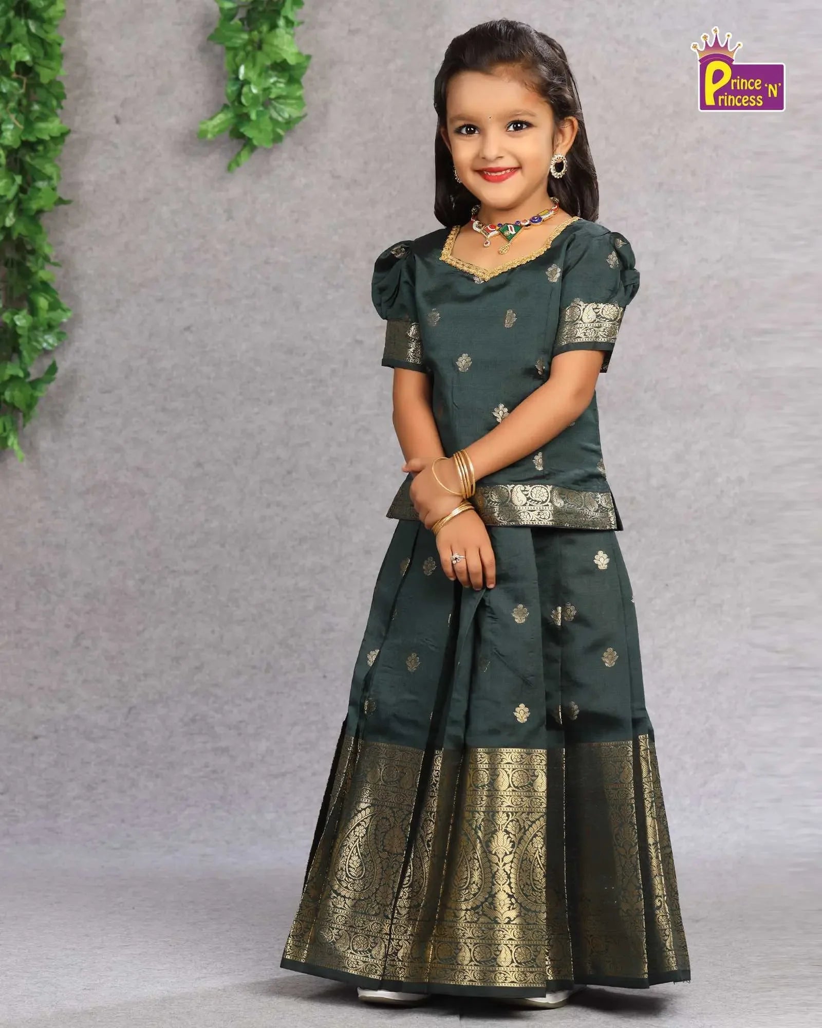 Kids Traditional Pattu Pavadai Bottle Green Green Zari Border PPP1103 - Prince N Princess