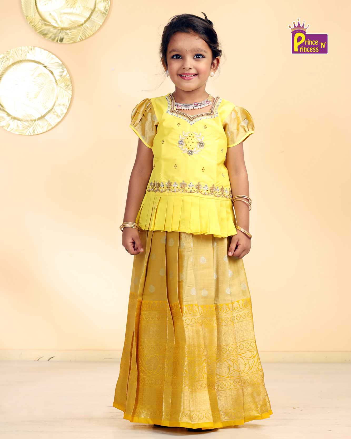 Kids Yellow Top With AARI Work Tissue Designer Pattu Pavadai PPP990 ( We need 2 - 3 days of despatch time)