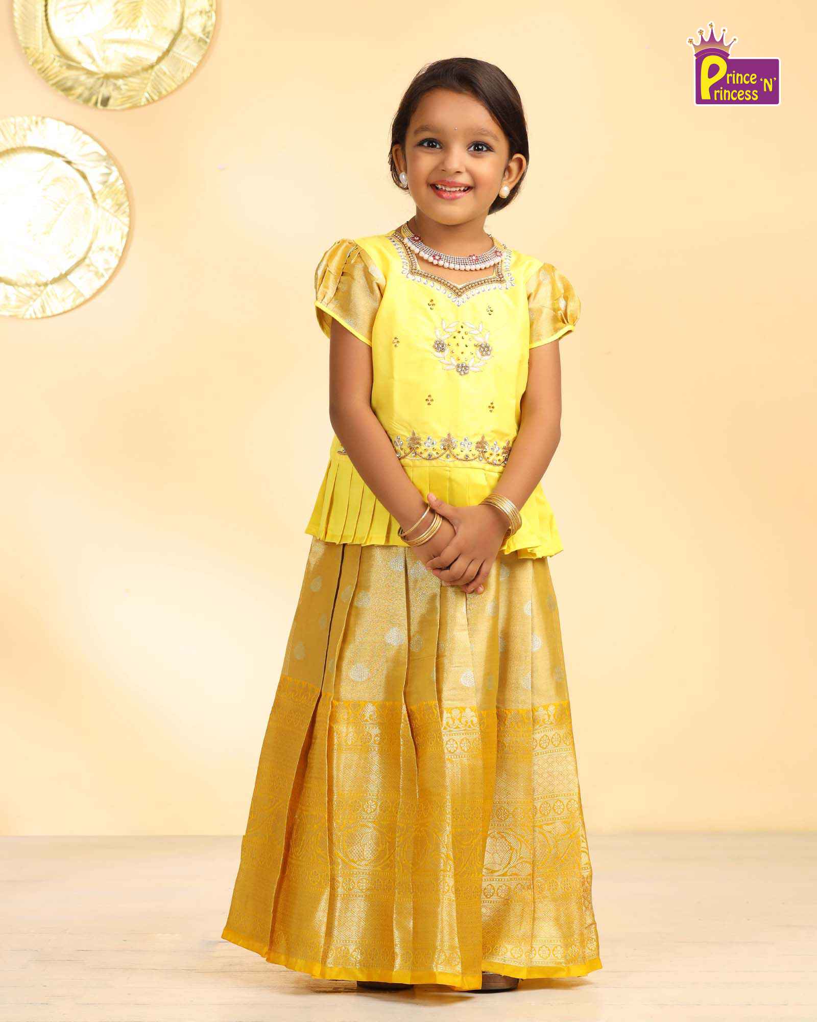 Kids Yellow Top With AARI Work Tissue Designer Pattu Pavadai PPP990 ( We need 2 - 3 days of despatch time)