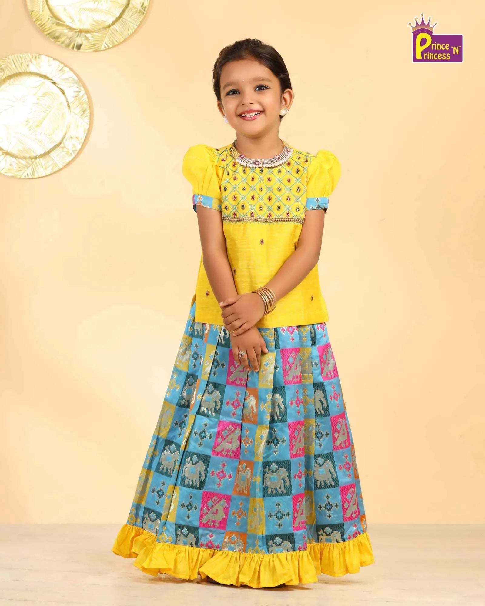 Kids Yellow Top With Blue Multi Color AARI Work Traditional Pattu Pavadai PPP935 - Prince N Princess