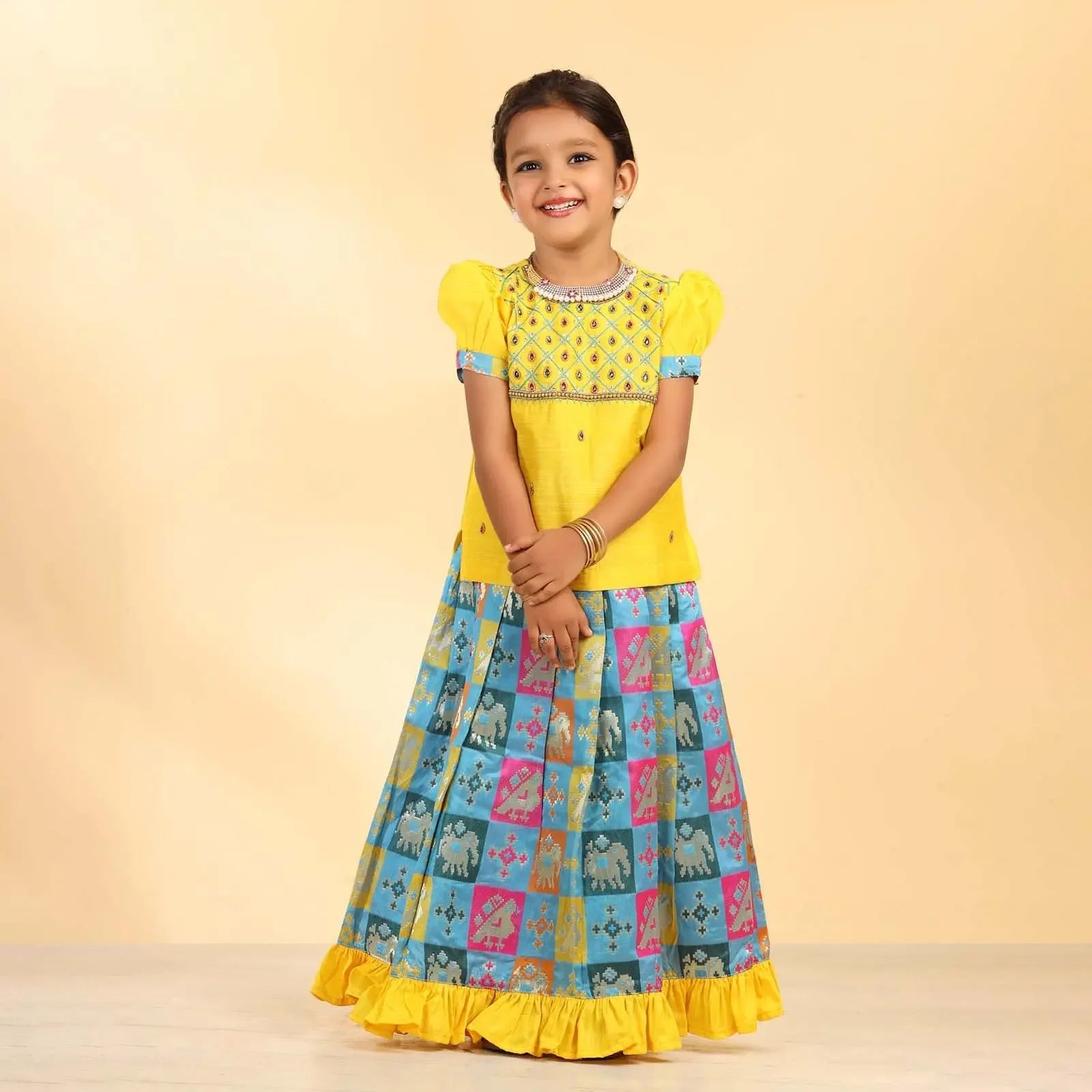 Kids Yellow Top With Blue Multi Color AARI Work Traditional Pattu Pavadai PPP935 - Prince N Princess