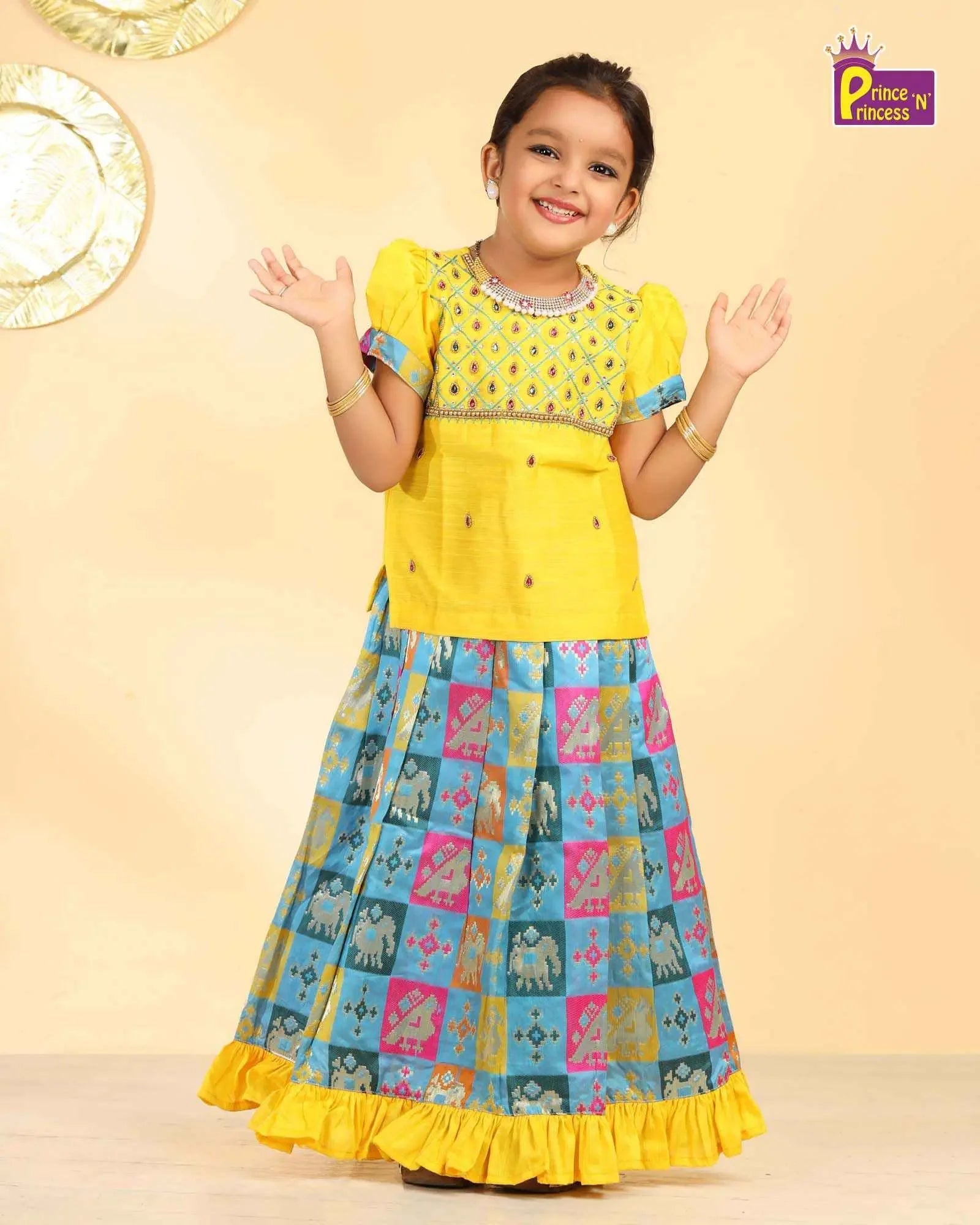 Kids Yellow Top With Blue Multi Color AARI Work Traditional Pattu Pavadai PPP935 - Prince N Princess