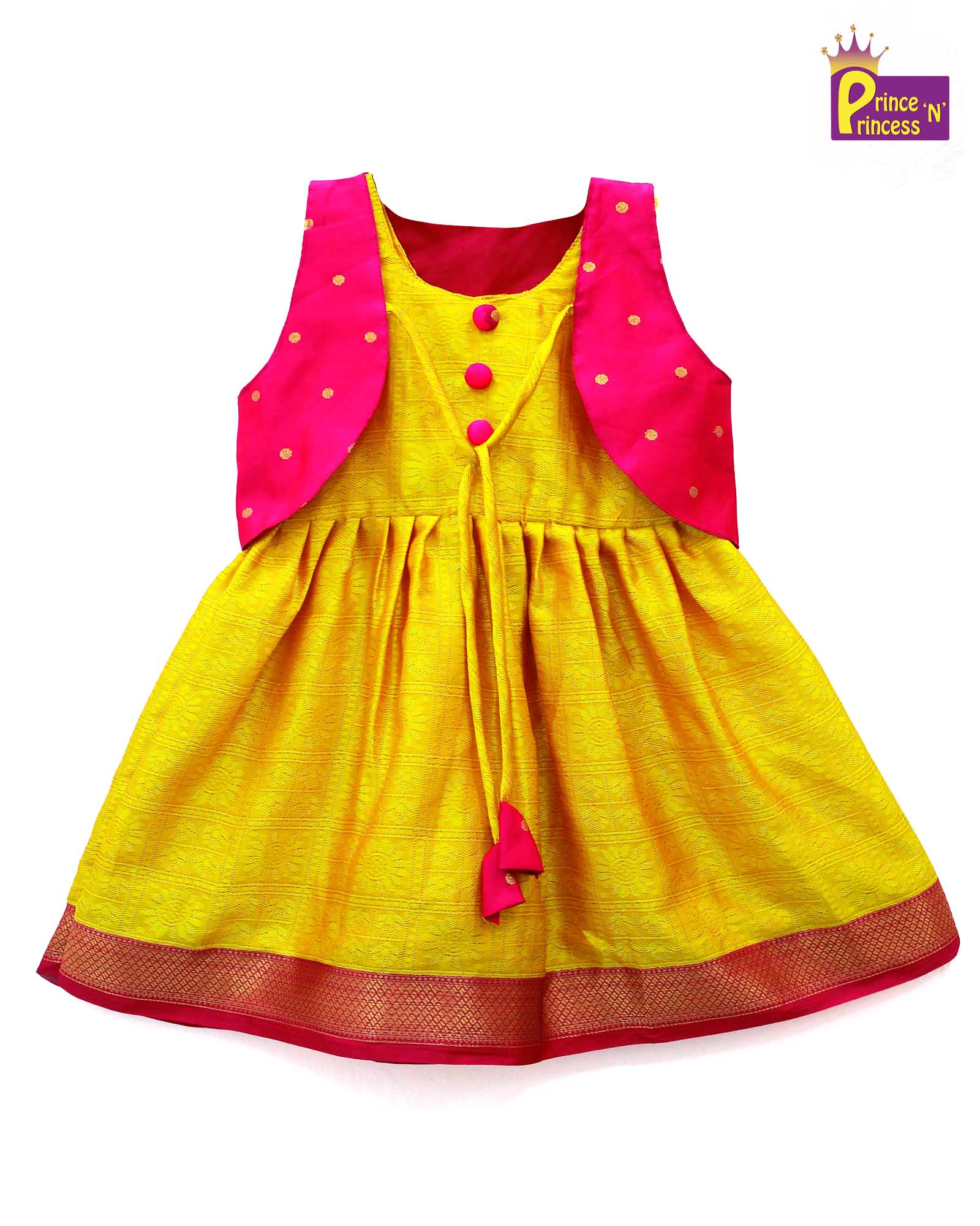 New Born Pink Yellow Raw Silk Frock LF326 - Prince N Princess
