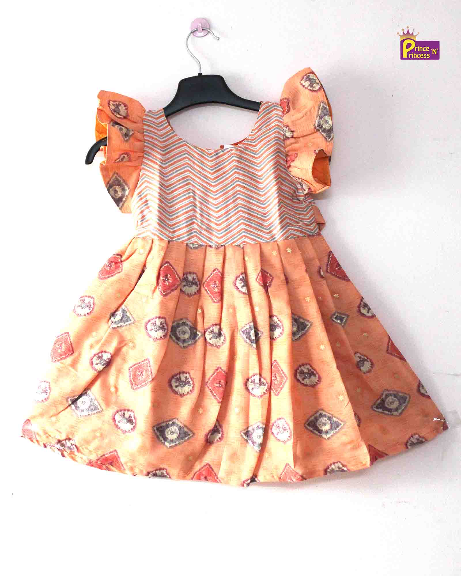 Orange Foil Print Cotton Frock CF273 - Prince N Princess